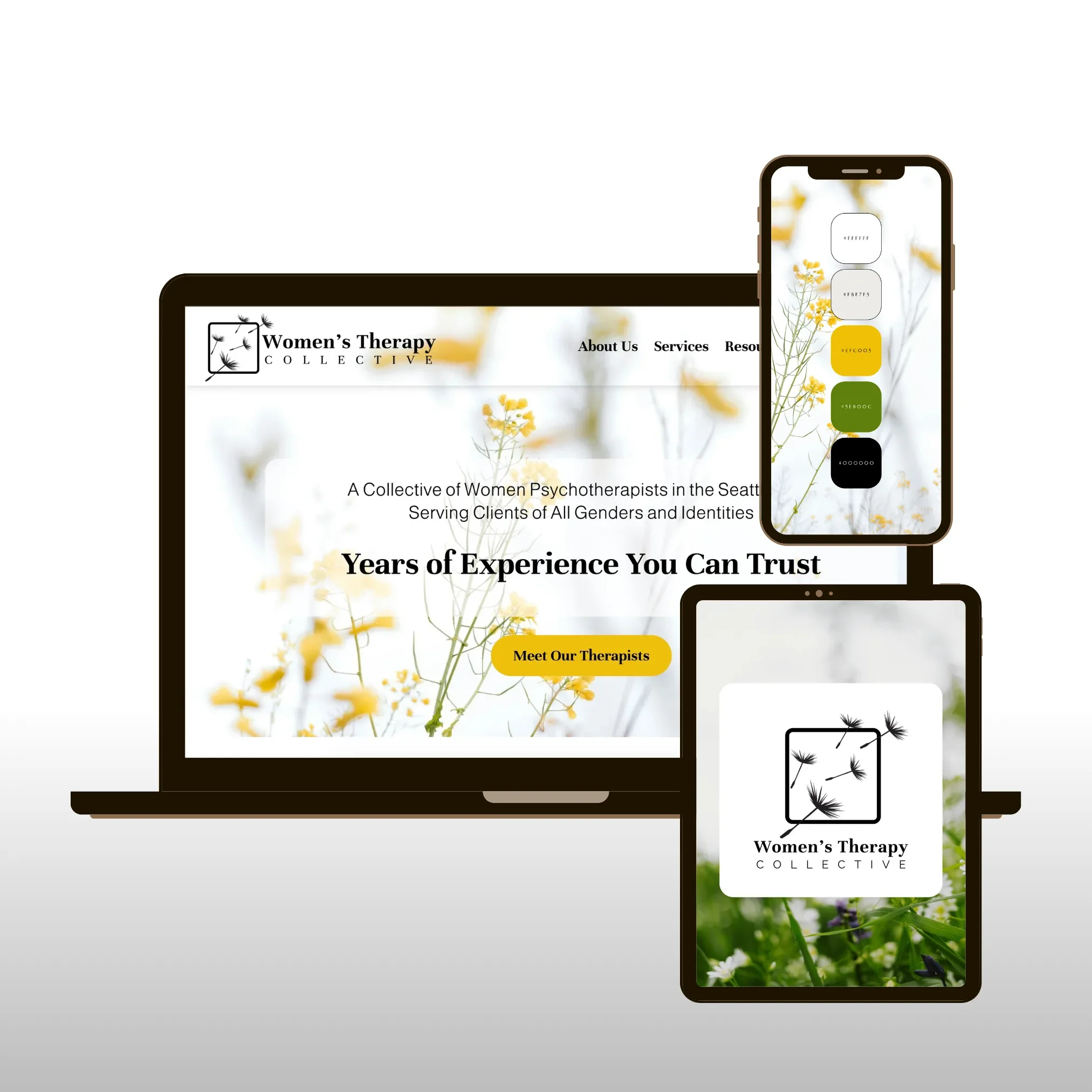 Responsive website and mobile screens displaying Women's Therapy Collective homepage with logo, floral background, and navigation menus.
