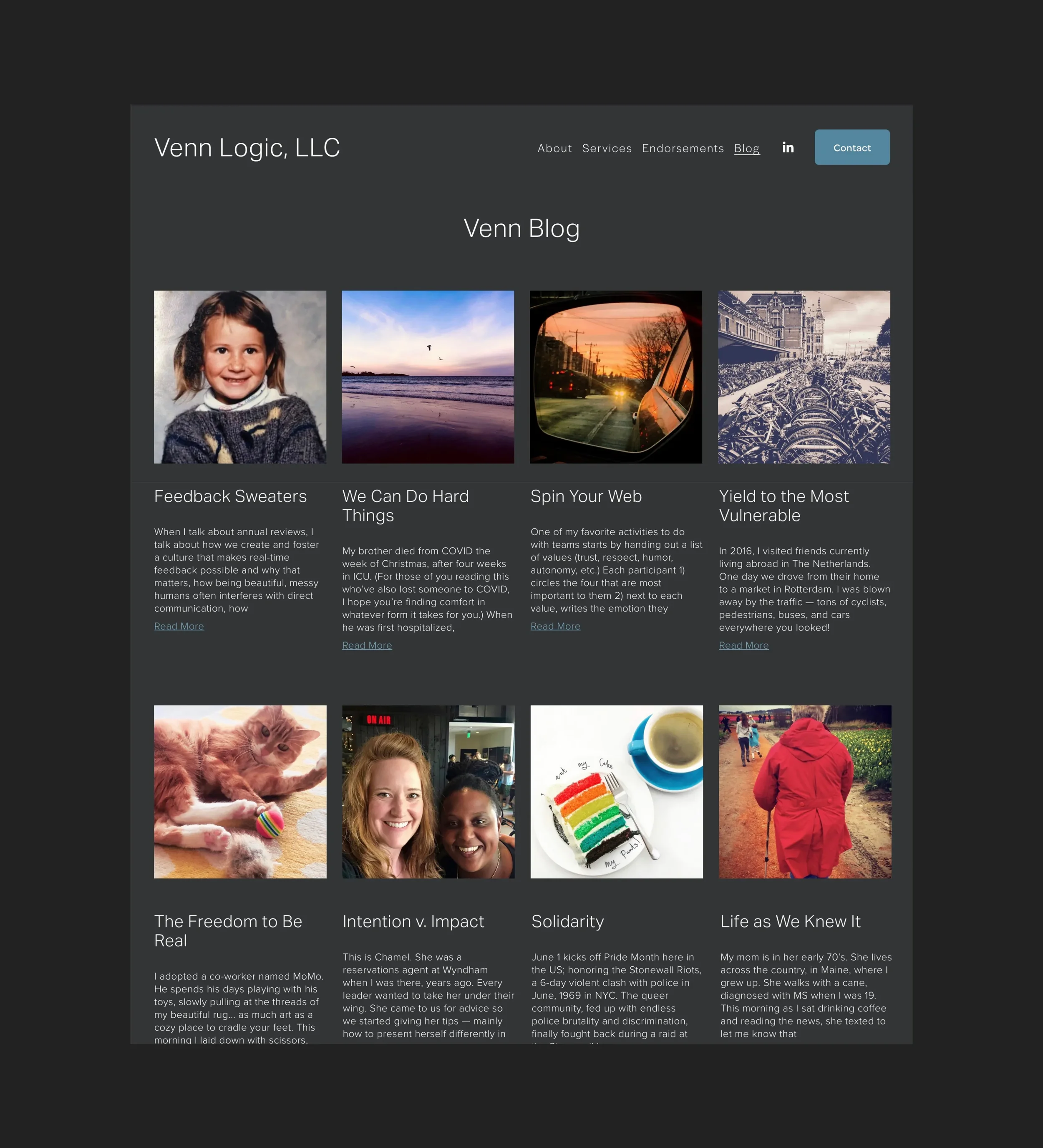 Screenshot of a website featuring a blog titled 'Venn Blog' by Venn Logic, LLC. The page displays multiple blog posts with images, titles, and snippets of text. Topics include feedback sweaters, resilience during COVID, web navigation, cycling, cats,