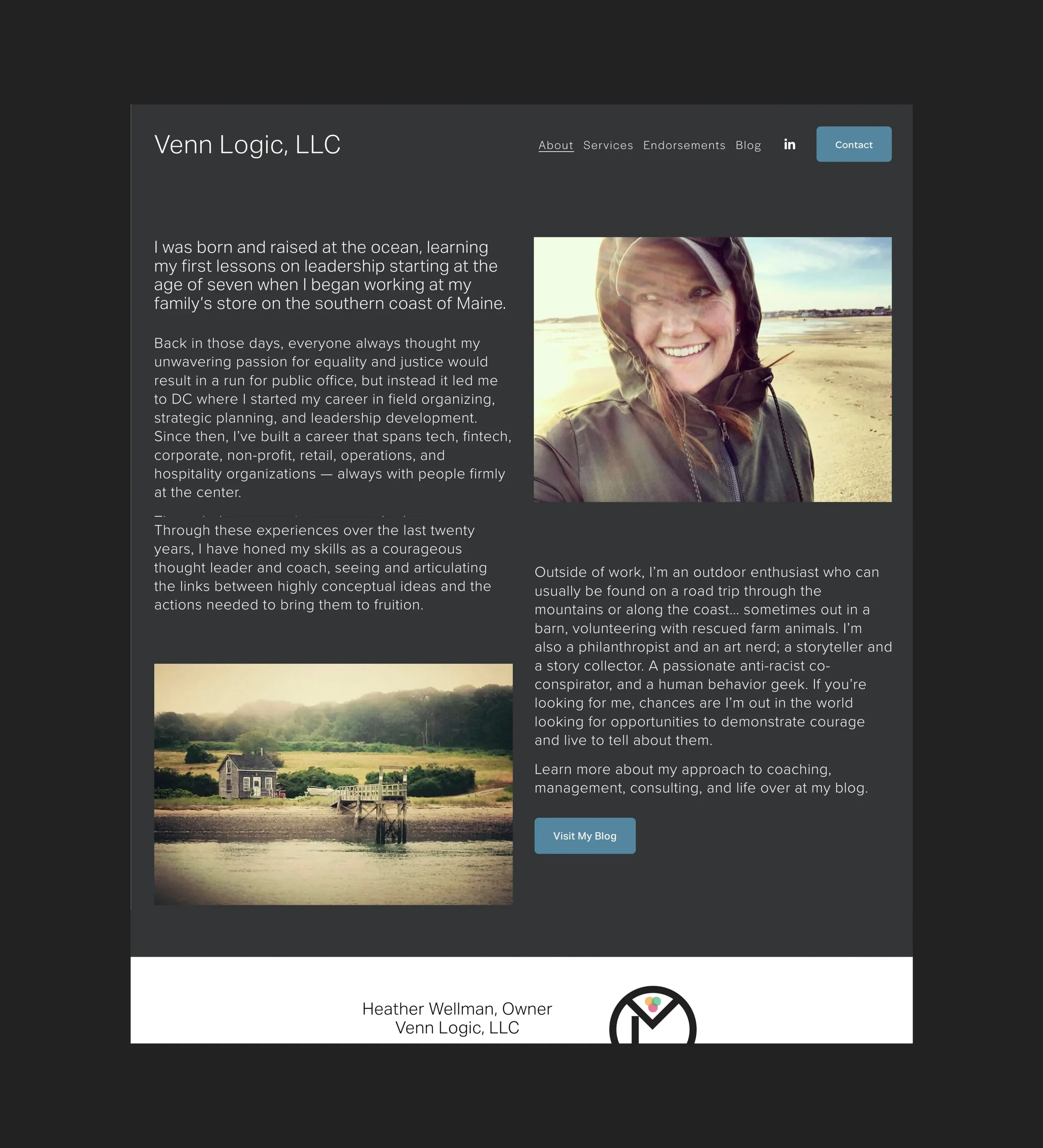Screenshot of a personal or professional website for Venn Logic, LLC, featuring a photo of a woman smiling on a beach, and an image of a small house by the water with green hills in the background. The webpage includes a menu with links, a contact bu