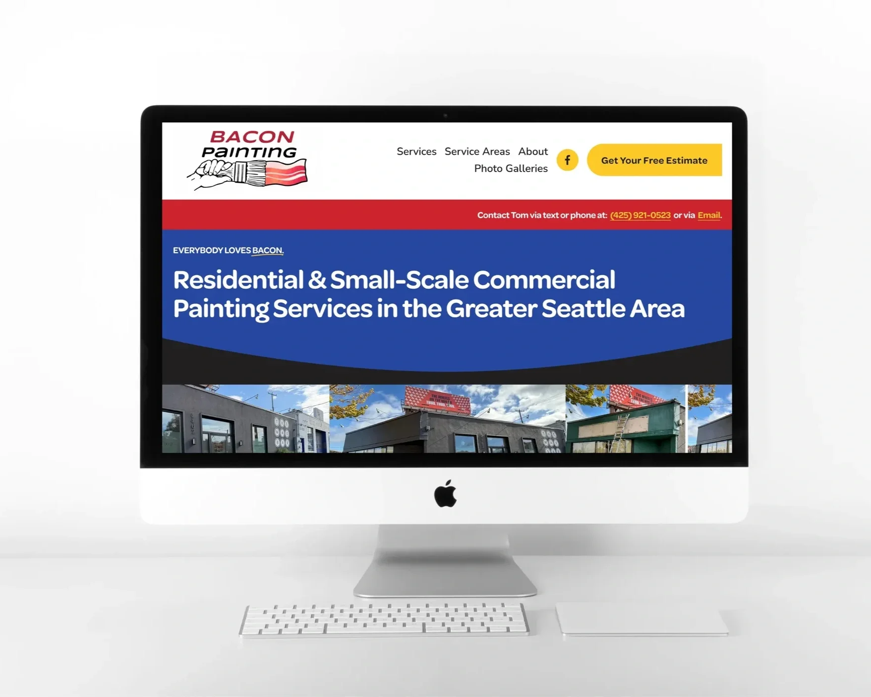 Computer screen displaying a website for Bacon Painting, a company offering residential and small-scale commercial painting services in Greater Seattle. The website features a header with the company's logo, contact information, and a call-to-action 