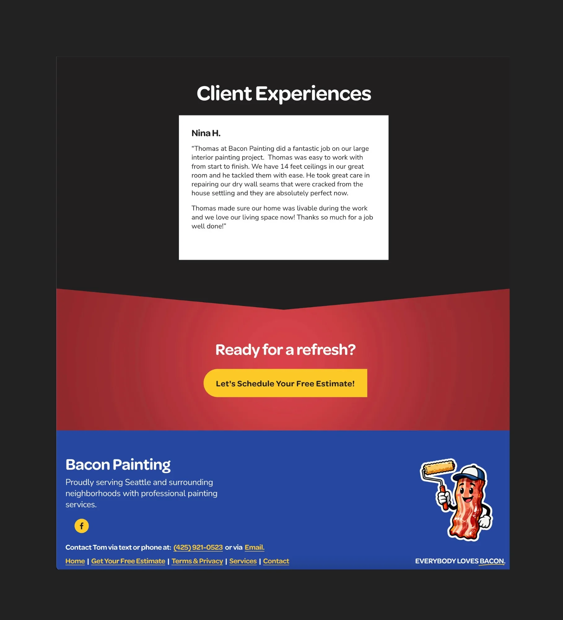 A digital flyer for Bacon Painting, a painting service in Seattle. The flyer features a customer testimonial about a project by Thomas, a call to action to schedule a free estimate, a picture of bacon with a paint roller, and contact information.