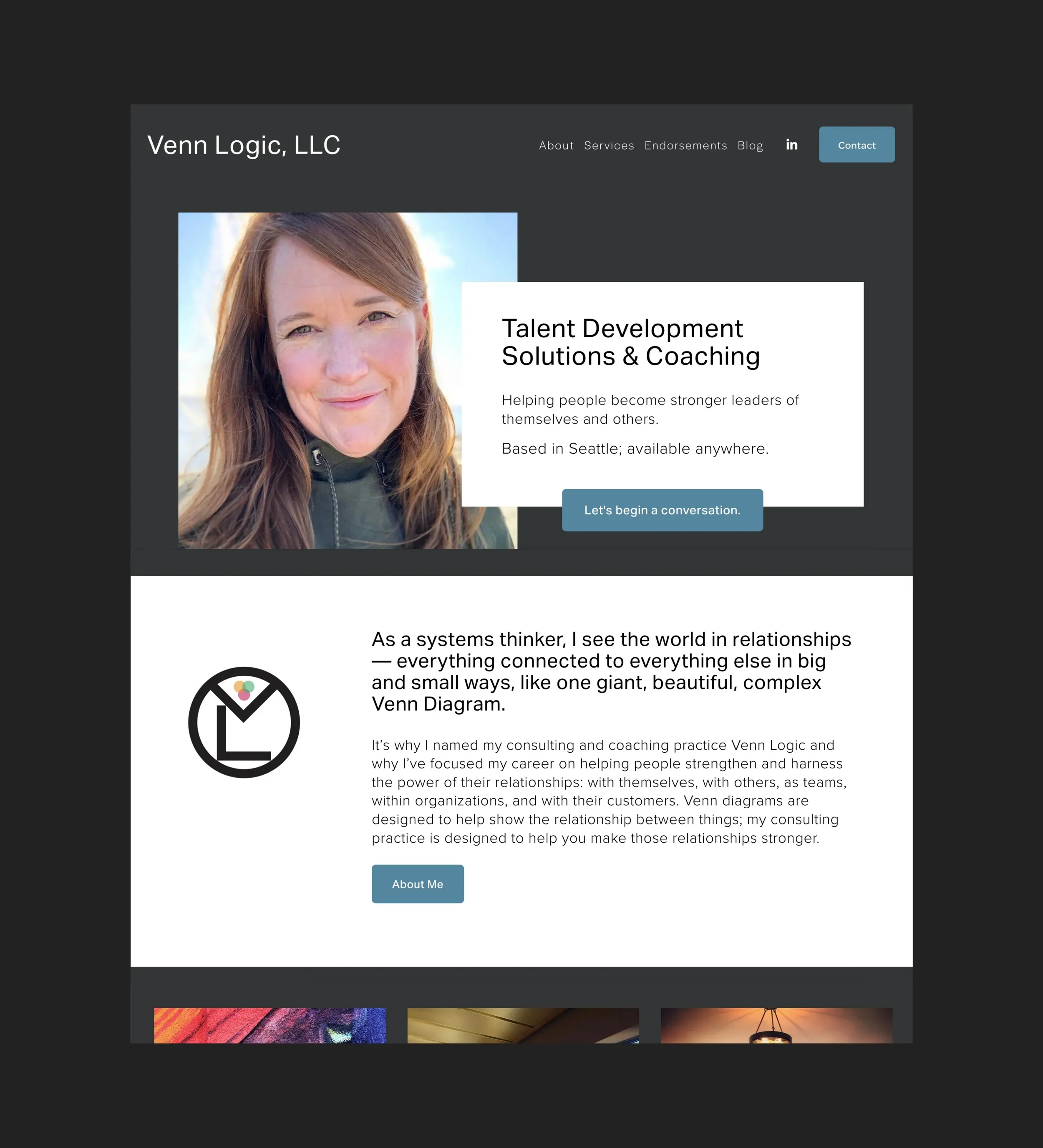 Screenshot of Venn Logic, LLC website featuring a woman with red hair smiling, a white overlay with text about talent development coaching, and a logo with interconnected circles.