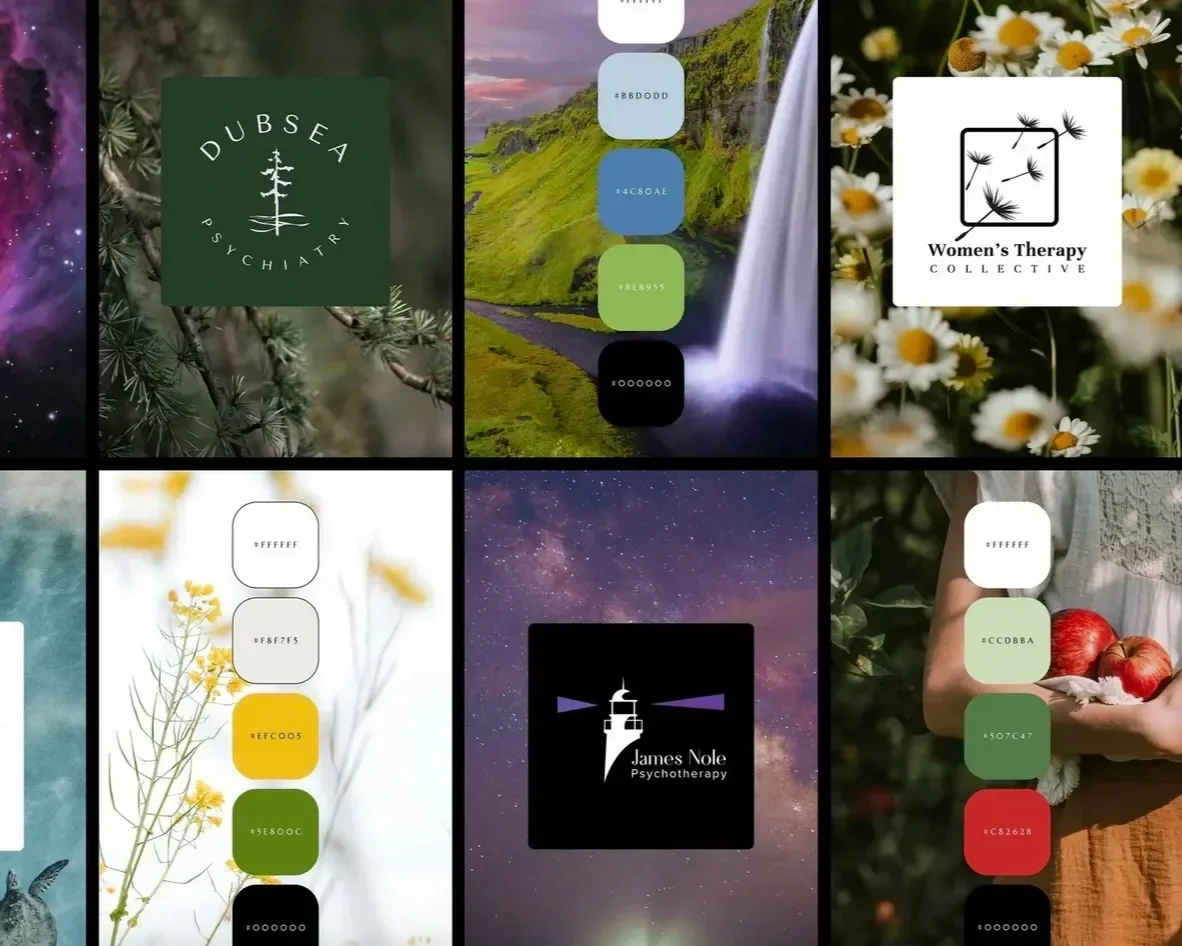 Nature-inspired color palette with four circles: cream, blue-gray, brown, and black; images of a flying seagull, smooth pebbles, a feather against black, a bird perched on a rock, and a bird nest with an egg.