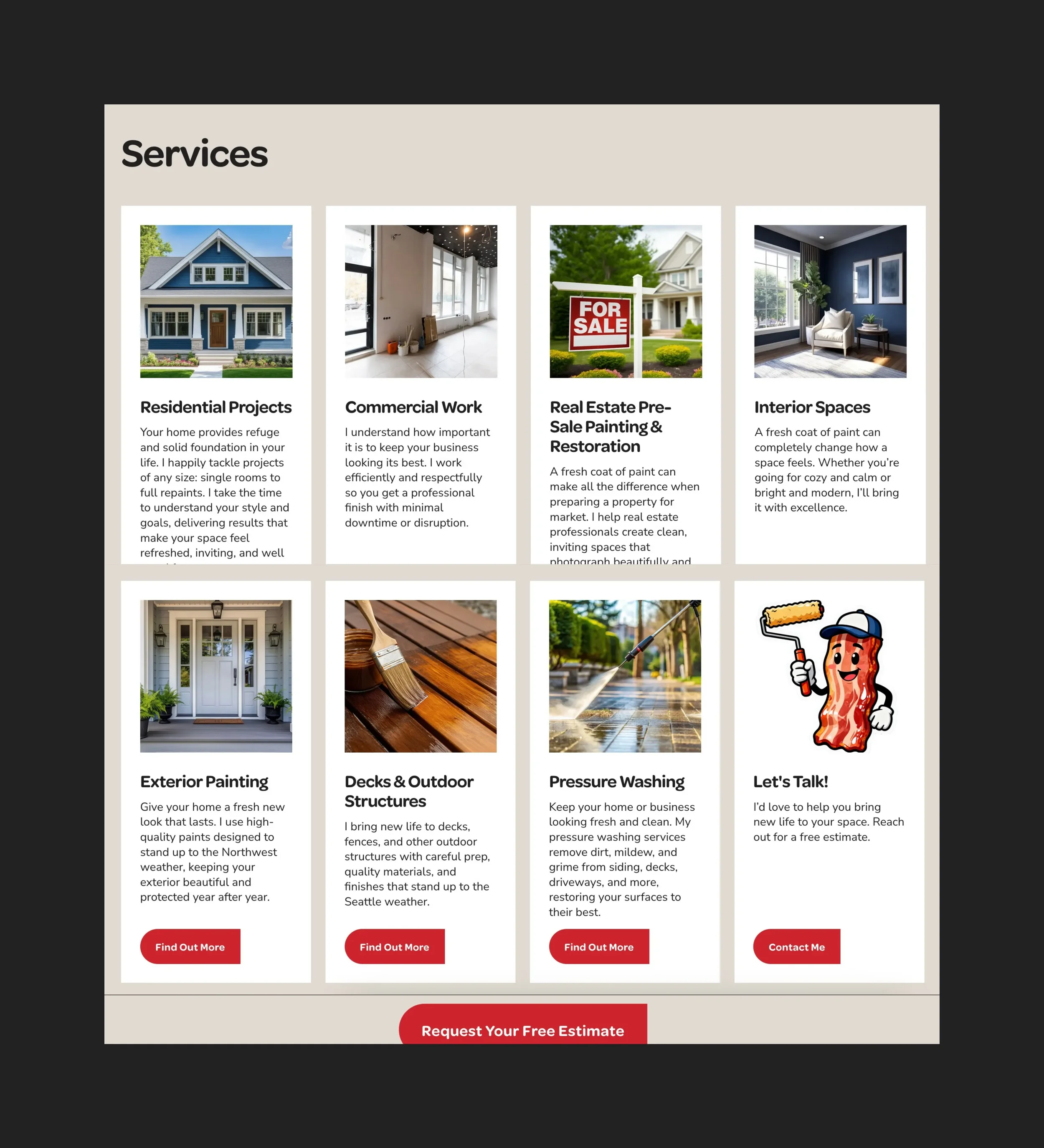 A webpage showing various home improvement and real estate services. Includes images of house exteriors, interior spaces, painting tools, outdoor structures, and pressure washing equipment. Service categories include Residential Projects, Commercial 