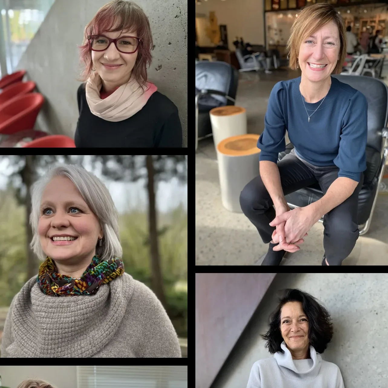 Collage of four people smiling, including a man with glasses and a beard, and three women, one wearing a purple jacket, one in a gray sweater, and one with short blonde hair and a scarf.