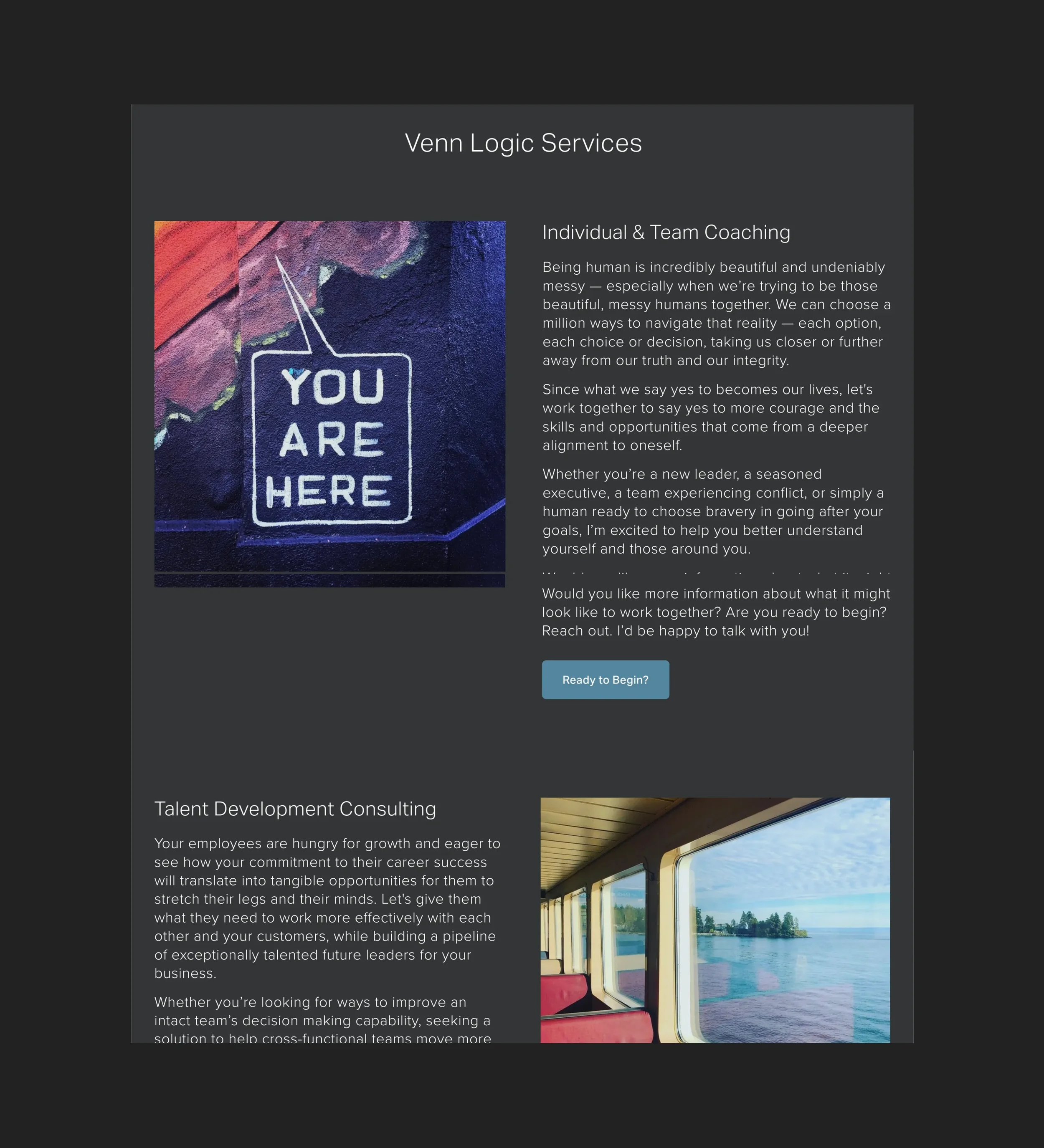 Screenshot of Venn Logic Services webpage with sections on individual and team coaching, featuring a neon sign that says "You Are Here" and an image of a train window overlooking water.
