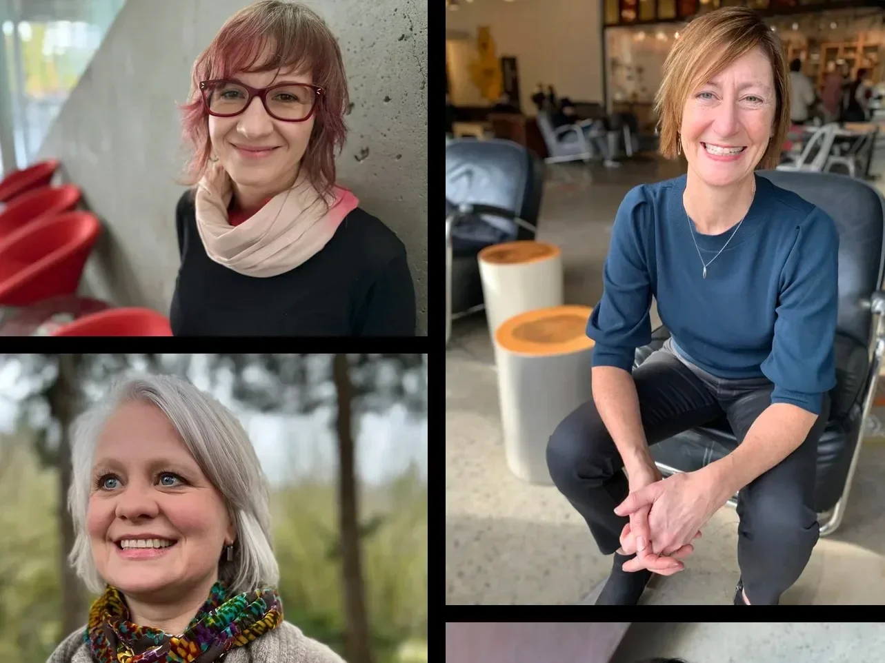 Collage of four people smiling, including a man with glasses and a beard, and three women, one wearing a purple jacket, one in a gray sweater, and one with short blonde hair and a scarf.