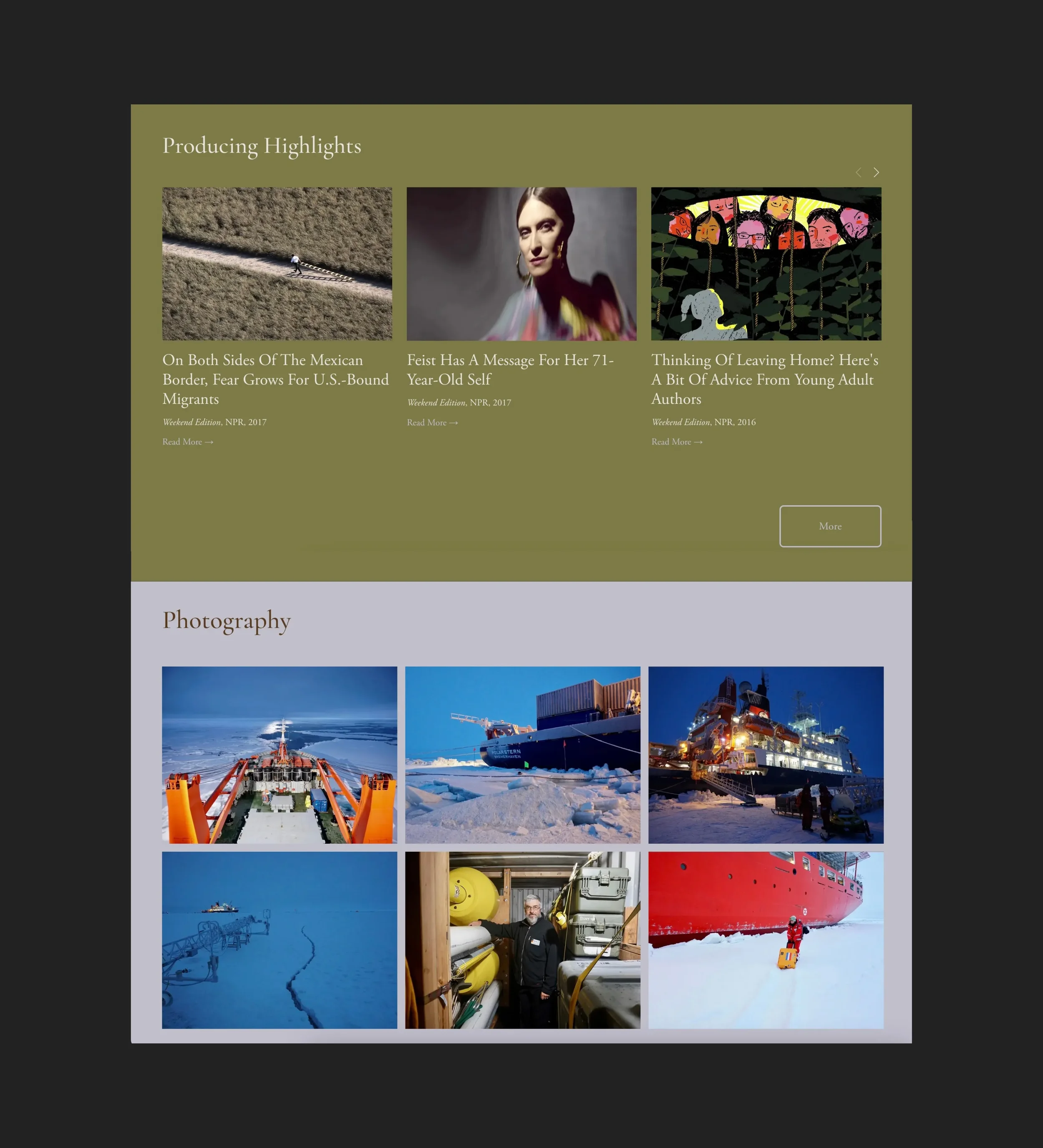 A webpage layout featuring sections titled 'Producing Highlights' with articles and 'Photography' with images of ships and icy landscapes.