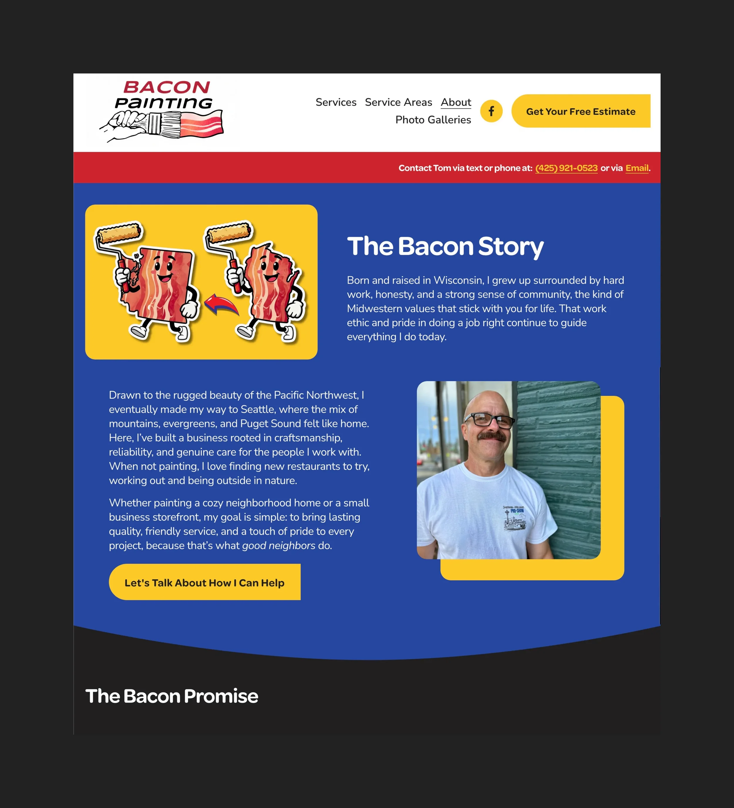 Web page for Bacon Painting featuring a logo with a hand holding a paintbrush dipped in red paint, navigation menu with links to Services, Service Areas, About, Photo Galleries, and a Facebook icon. Yellow button labeled 'Get Your Free Estimate.' Red