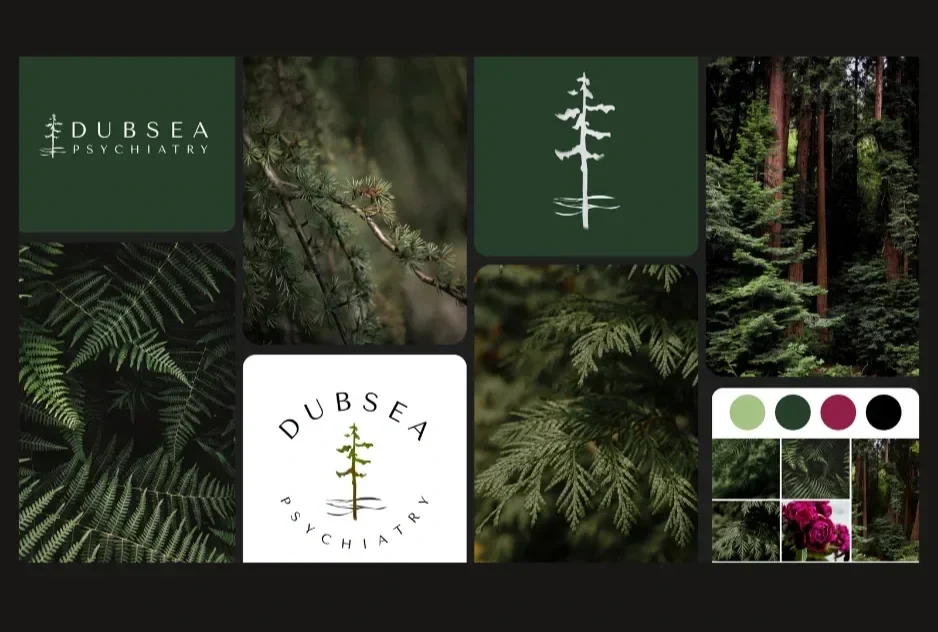 Collage of various images of pine tree branches, forest scenes, a logo of Dubsea Psychiatry with a pine tree graphic, color palette swatches including green, red, and black, and a small image of pink roses.