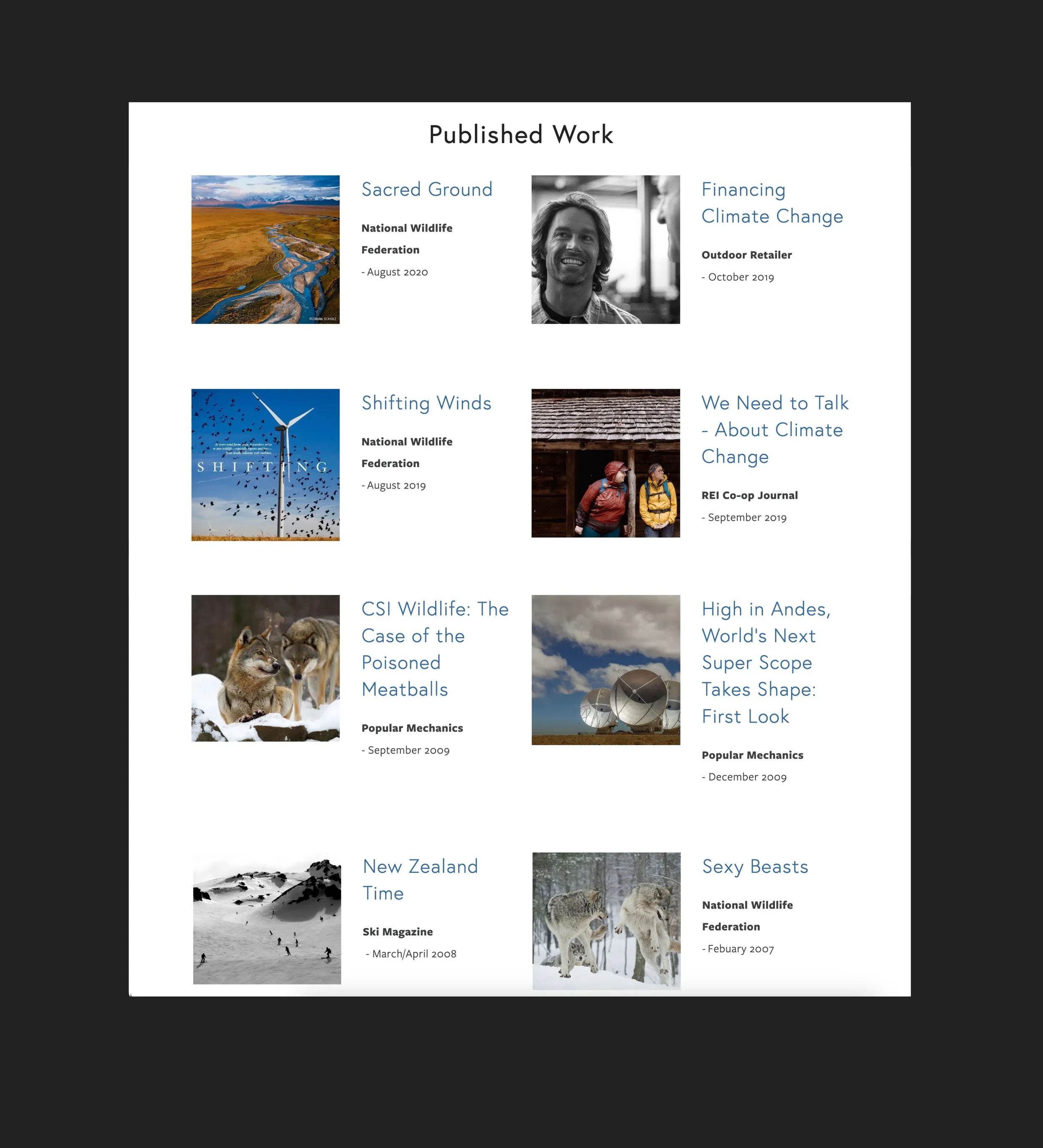 A webpage titled 'Published Work' displaying eight publications arranged in four rows with two columns each. Each entry includes a small image, title, publication source, and date. The topics include wildlife, climate change, and astronomy.
