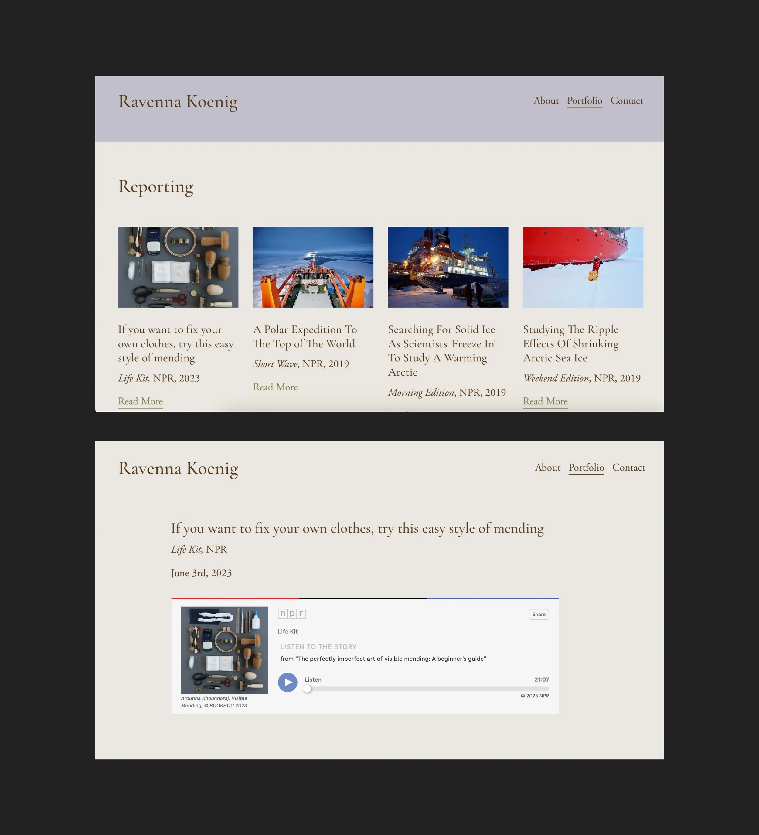 Screenshot of a personal portfolio website for Ravenna Koenig featuring a section called Reporting with images and descriptions of various topics, and a second section with a podcast embedded player and related content.