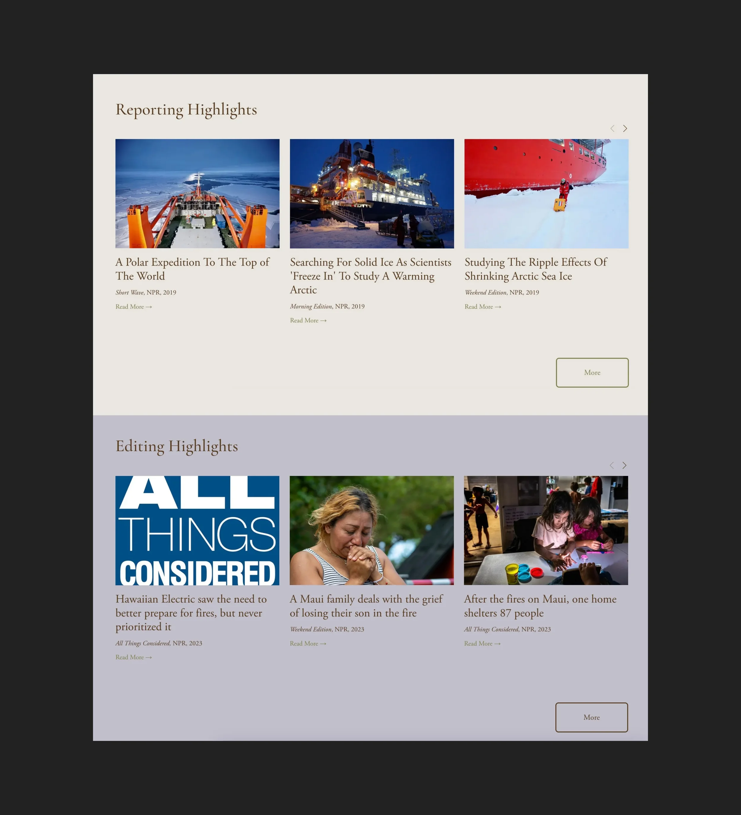 Screenshot of a webpage with reporting and editing highlights sections, featuring articles about polar expeditions, ice research, climate change, and wildfire recovery.