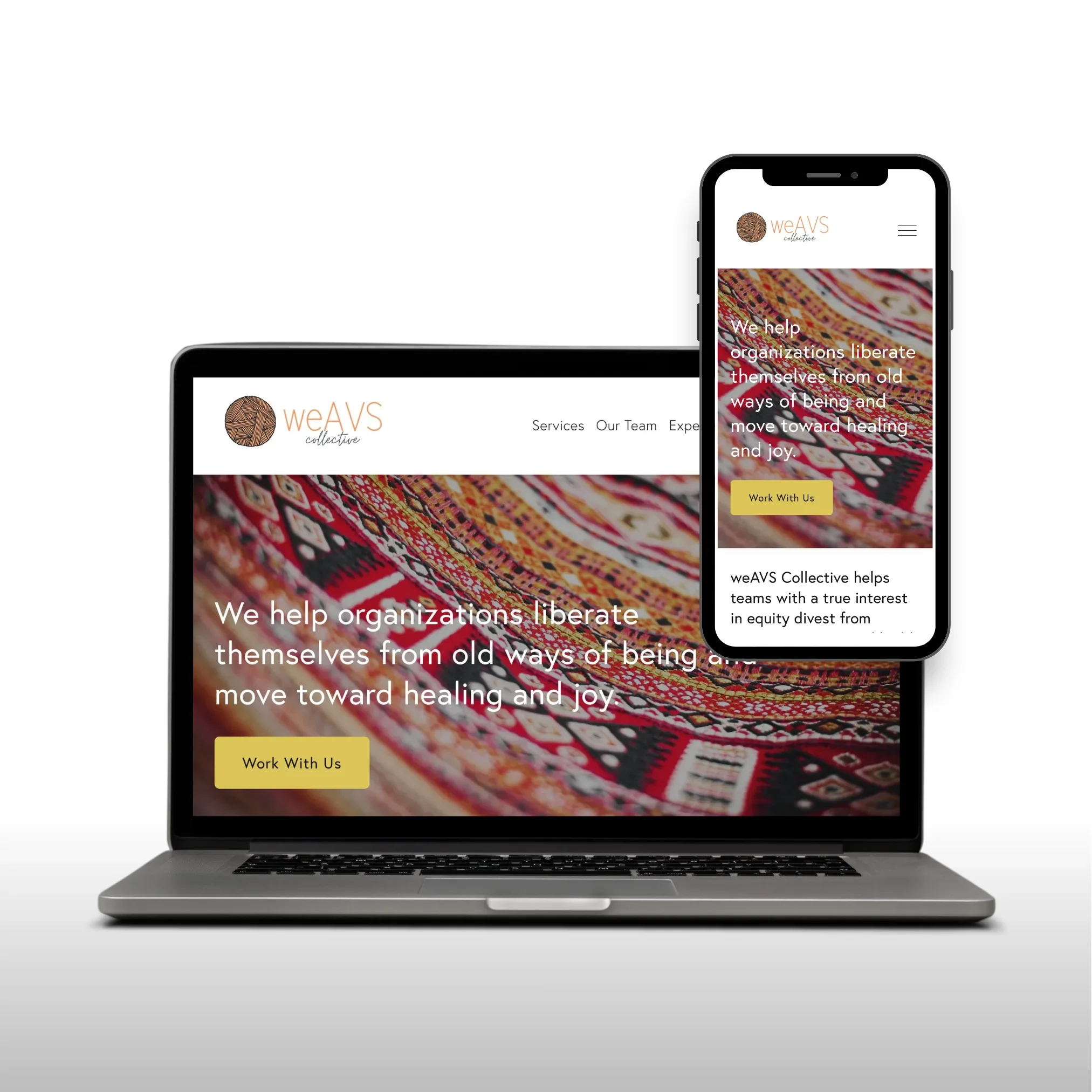 Laptop and smartphone displaying the weAVS Collective website with a colorful patterned fabric background and text about helping organizations move toward healing and joy.