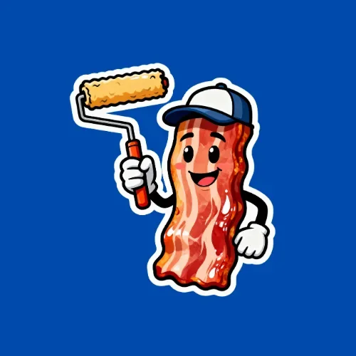 Animated cartoon of a strip of bacon wearing a baseball cap, holding a paint roller.