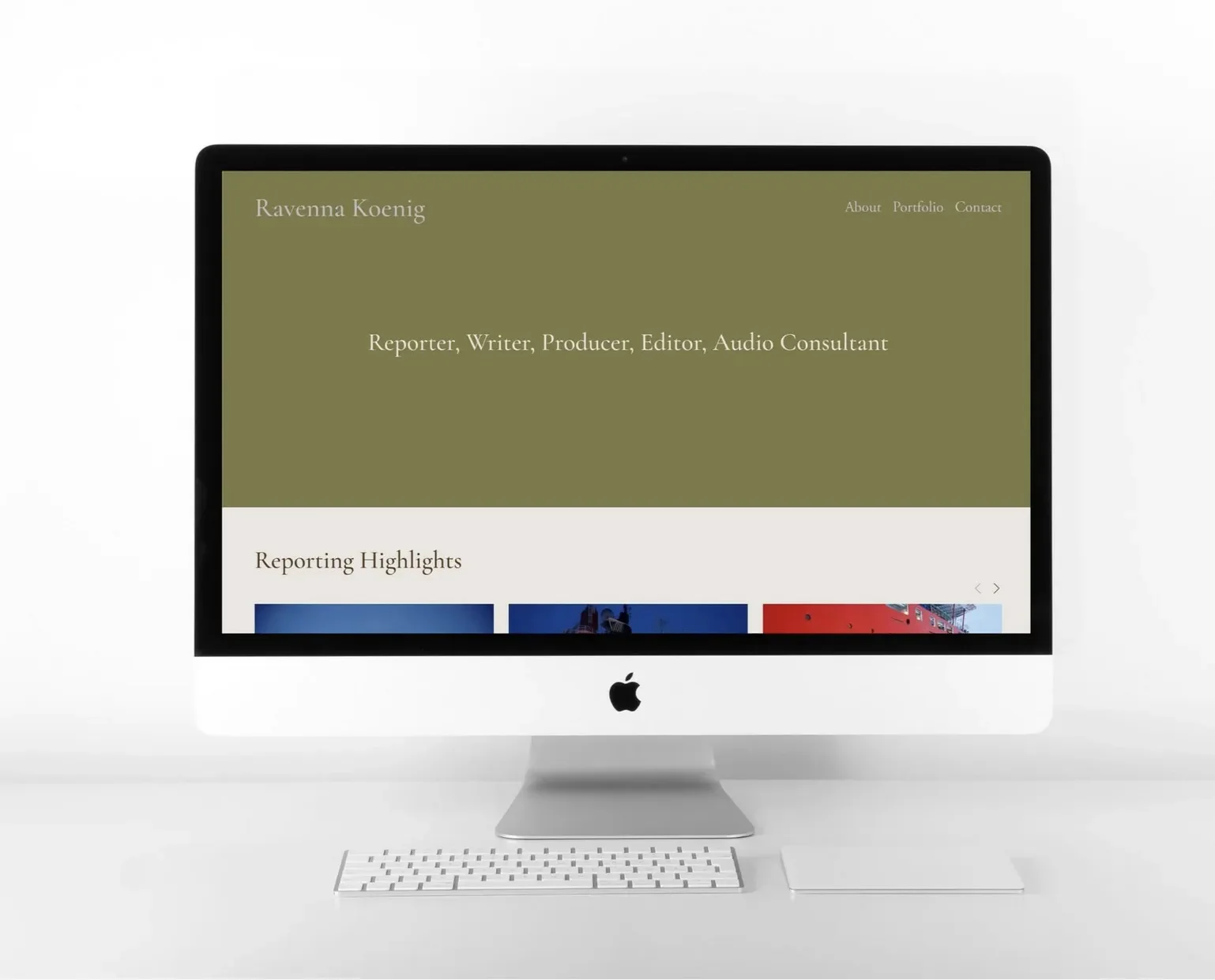 An Apple iMac computer displaying a personal website with the name Ravenna Koenig, who is described as a Reporter, Writer, Producer, Editor, Audio Consultant. The website has a navigation menu with links labeled About, Portfolio, and Contact, and fea