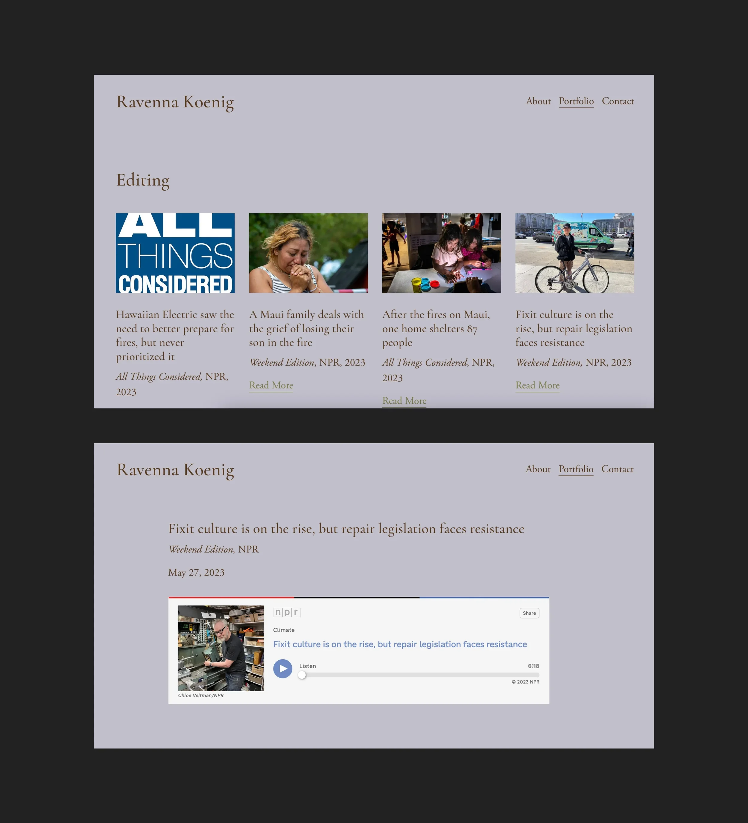 Screenshot of a website homepage with a purple background, displaying articles and a podcast player. Contains the name 'Ravenna Koenig' and navigation links for 'About,' 'Portfolio,' and 'Contact.'