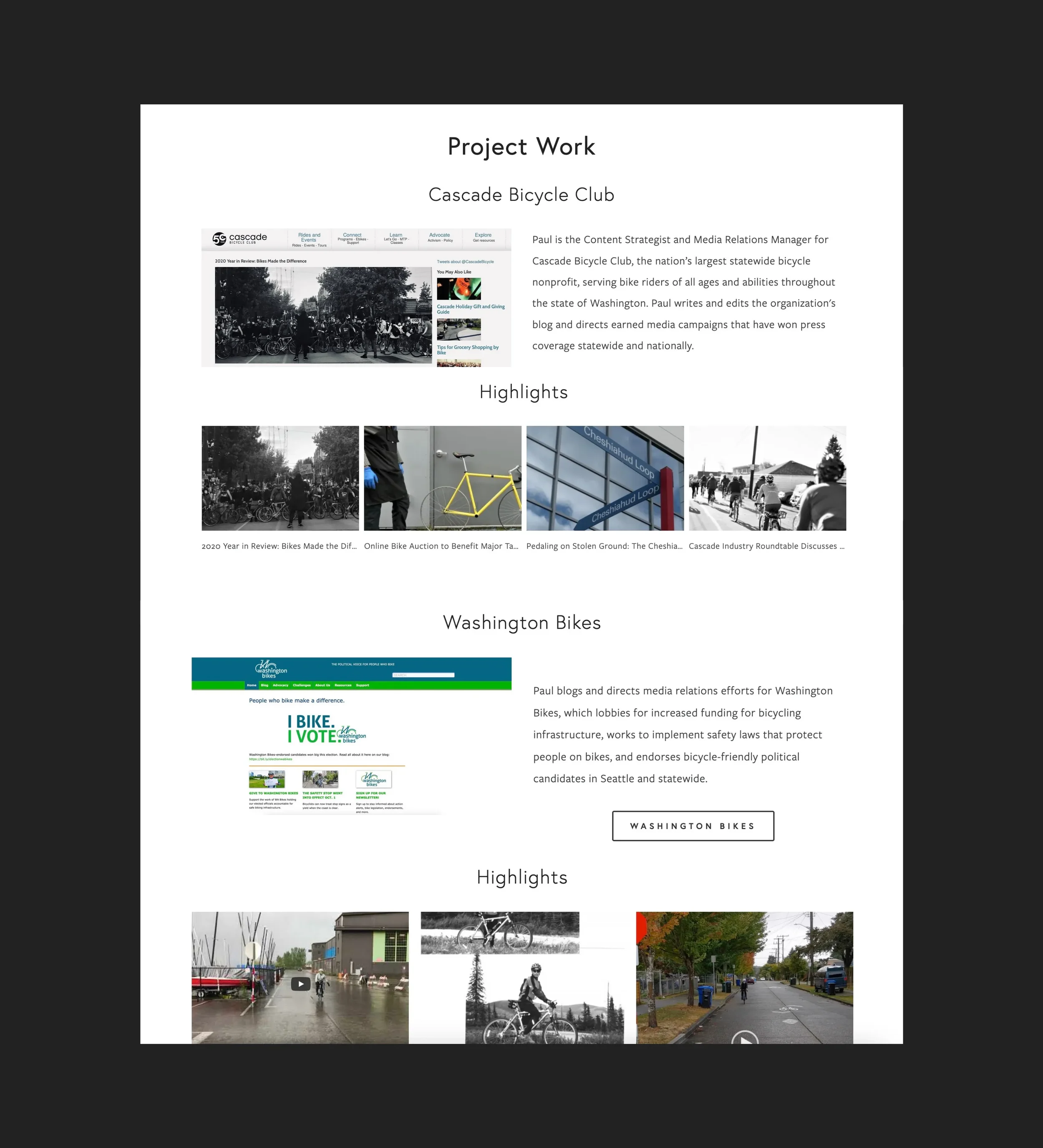 A document titled 'Project Work' for Cascade Bicycle Club, including sections on highlights and Washington Bikes with images of bicycles, people, and related activities.