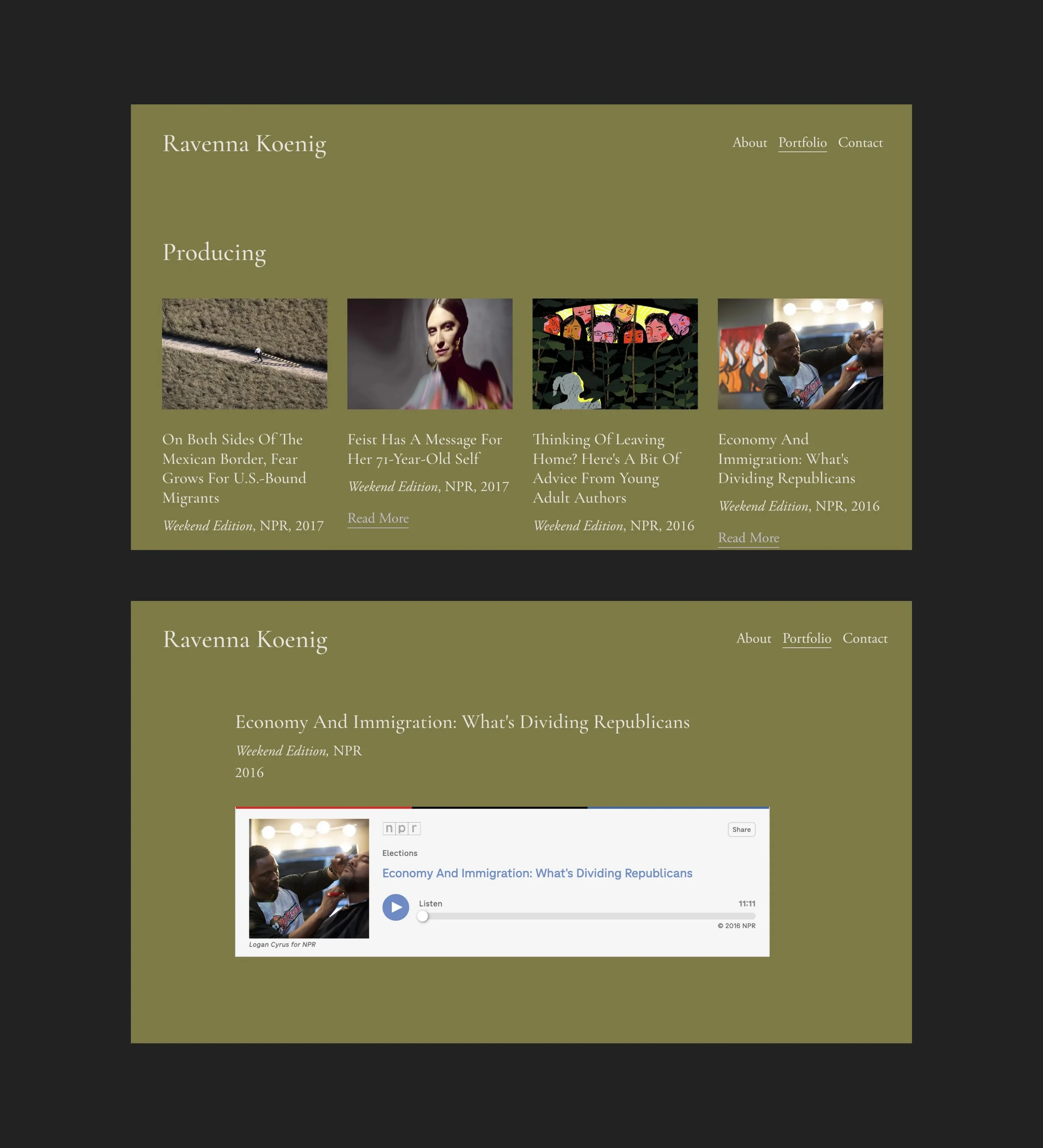 A website homepage for Ravenna Koenig featuring a portfolio of articles. The page has a dark background with olive green content areas. It includes sections with article titles, images, publication details, and a podcast player embedded for one artic