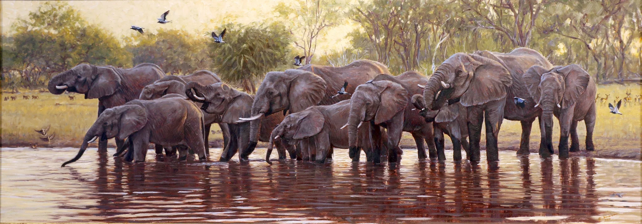 JohnBanovich_BigDrinkersontheOkavango_oilonBelgianlinen_18hx41win_JBO1116_elephants_water_PhotobyHiramBlauveltMuseum_1_1024x1024@2x.webp