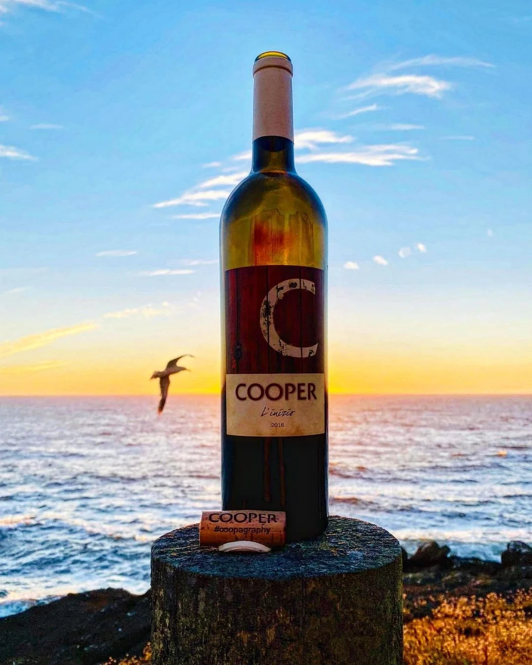 Bottle of Cooper Wine in front of an ocean scene