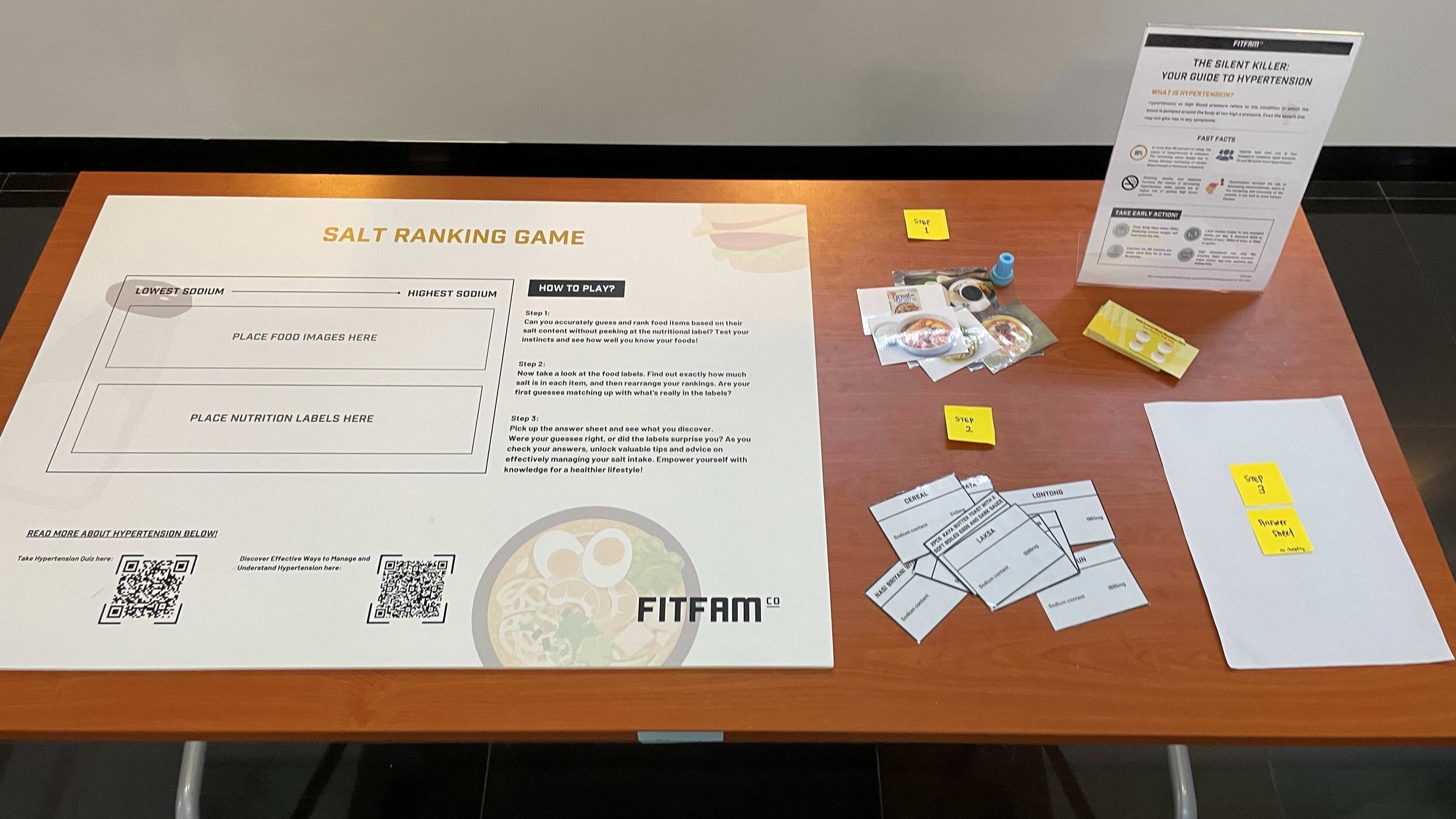{{T}}Sugar & Salt Ranking Game {{T}}
{{C}}Nutrition{{C}}
{{D}}This interactive game is an eye-opening experience! Participants will be challenged to match common food items with their sugar or salt content. It's a fun yet powerful way to raise awaren