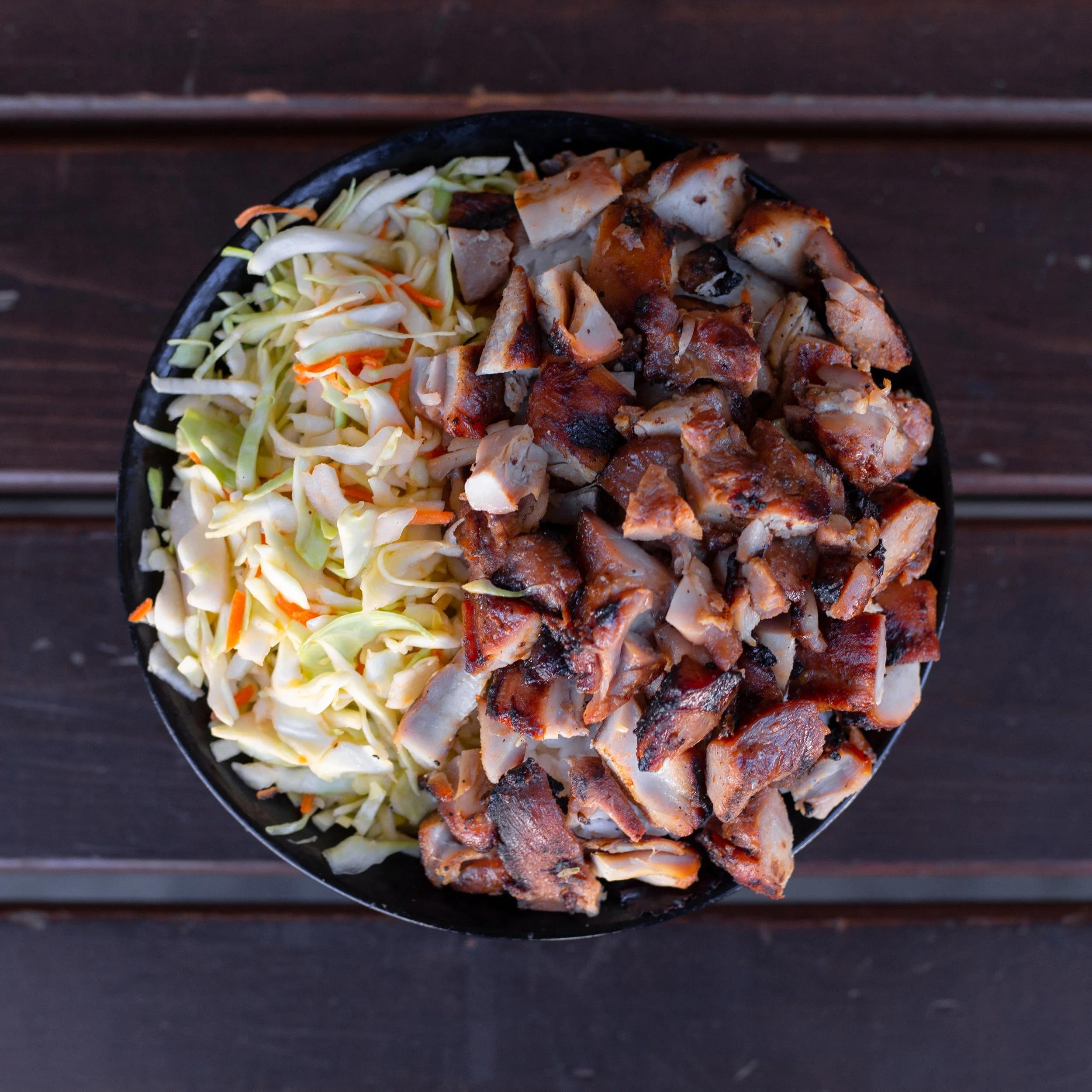 Teriyaki chicken fire bowl with Asian slaw at Fresh Fire Grill in Redding, CA