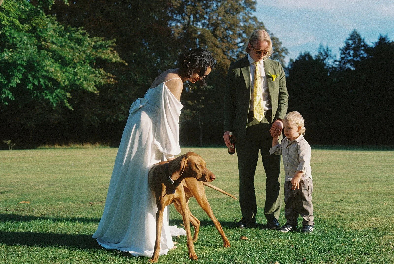 Bride reaches for her Visla dog while groom looks down at a toddler.