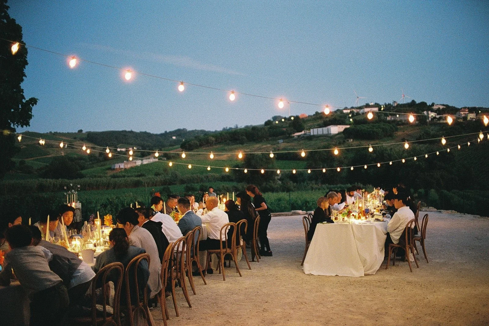 european wedding scene during dinner, taken by a film wedding photographer