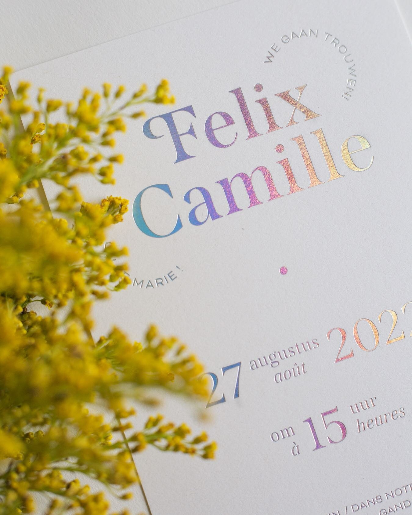 Holographic hot foil and a beam of sunlight &mdash; a match made in heaven 🌈⁠
⁠
&ndash;⁠⁠⁠
⁠⁠
Photography @alexandracolmenaresphotography⁠
Printed by @hors_norme_brussels⁠
⁠
⁠
#rosmarinostudio #weddingstationery #rainbow #weddingdayready #sunshinedr