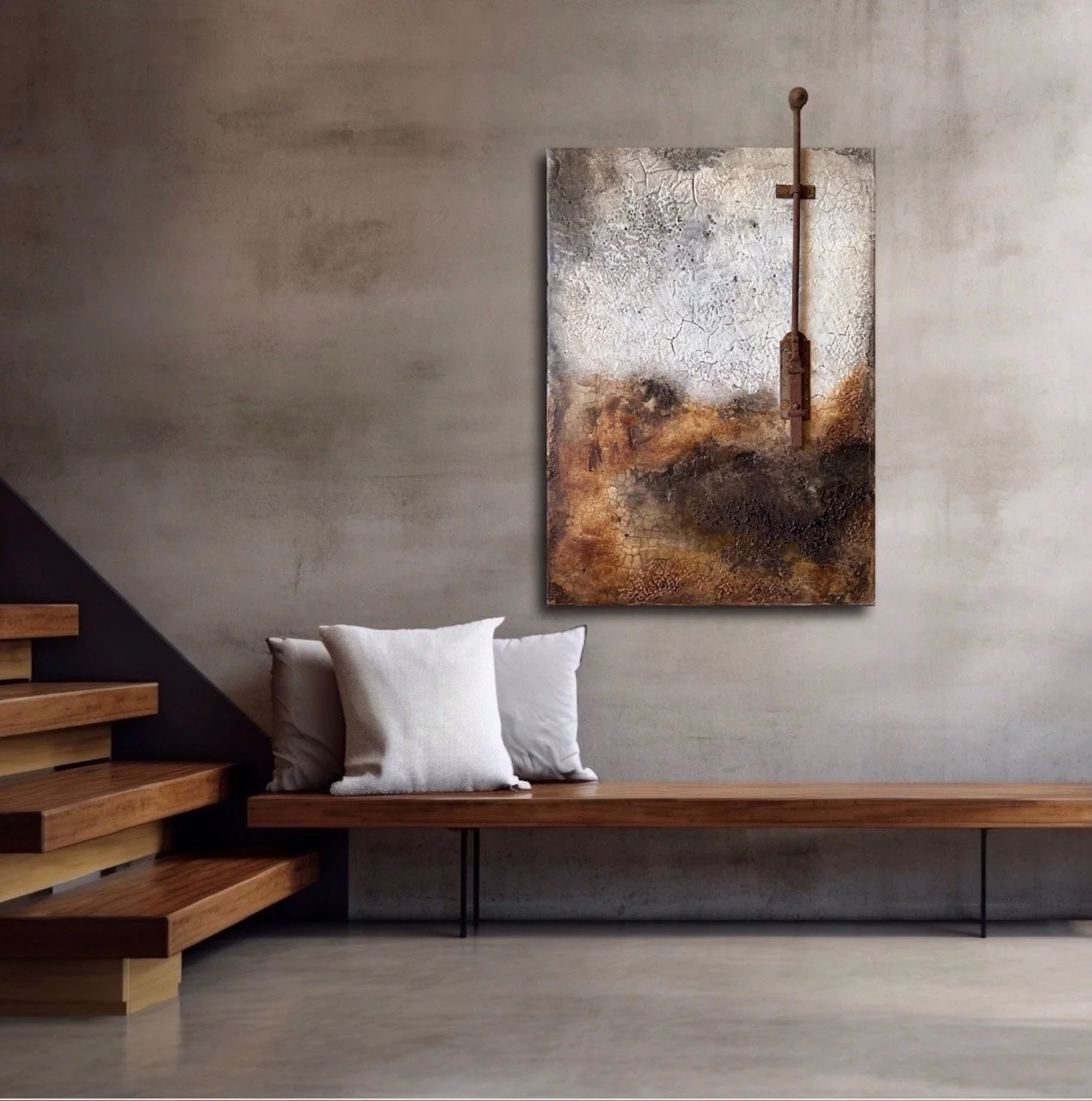 "STRATUM" - Enkaustik-Assemblage auf Holz - 50 x 120 cm - Preis auf Anfrage