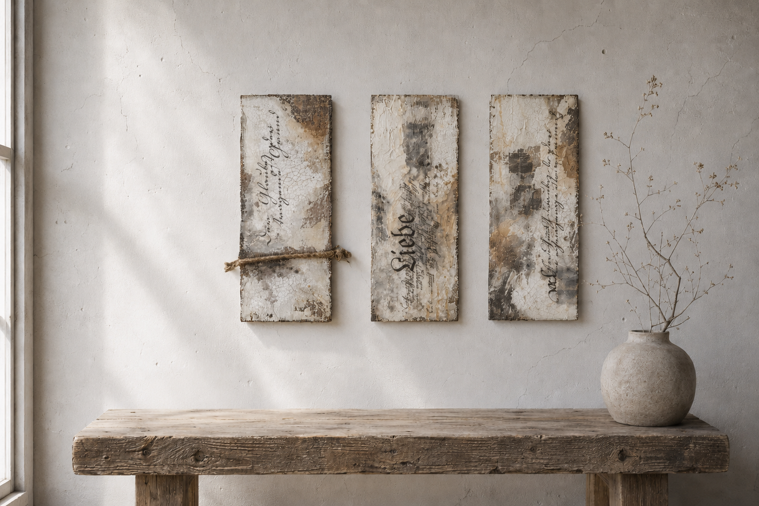 "GLAUBE - LIEBE - HOFFNUNG" - Mixed-Media-Enkaustik auf Holz - 15 x 40 cm - Preis auf Anfrage