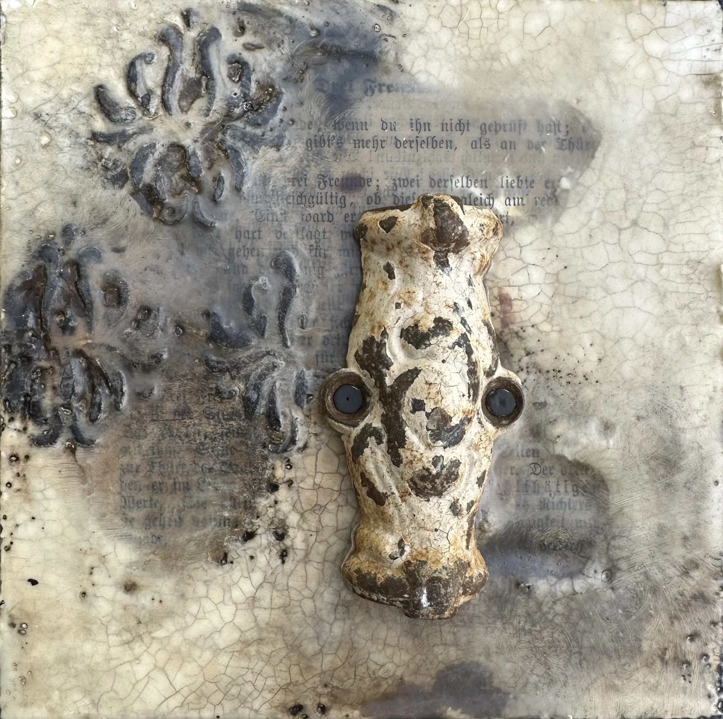 "FENSTERBLICK III" Enkaustik-Assemblage auf Holz - 15 x 15 cm - Preis auf Anfrage