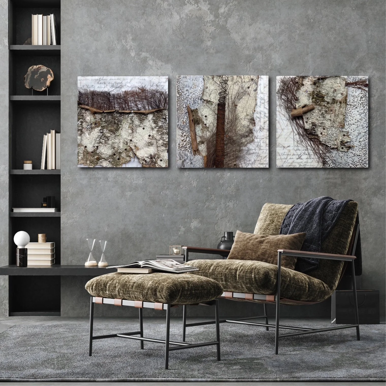 "BAUMKLEIDER 1 - 3" - Enkaustik-Assemblage auf MDF - 20 x 20 cm - VERKAUFT