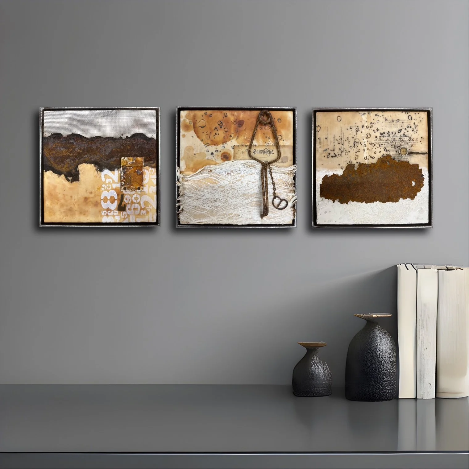 Enkaustik-Assemblage auf Holz, mit Metallrahmen aus Roheisen - 21 x 21 x 6 cm - Preis auf Anfrage