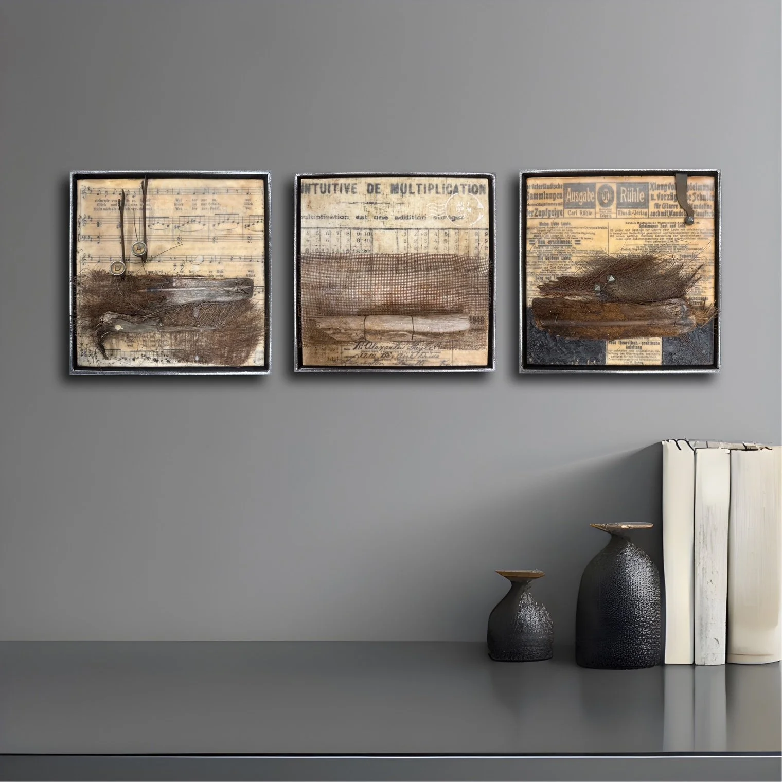 Enkaustik-Assemblage auf Holz, mit Metallrahmen aus Roheisen - 21 x 21 x 6 cm - Preis auf Anfrage