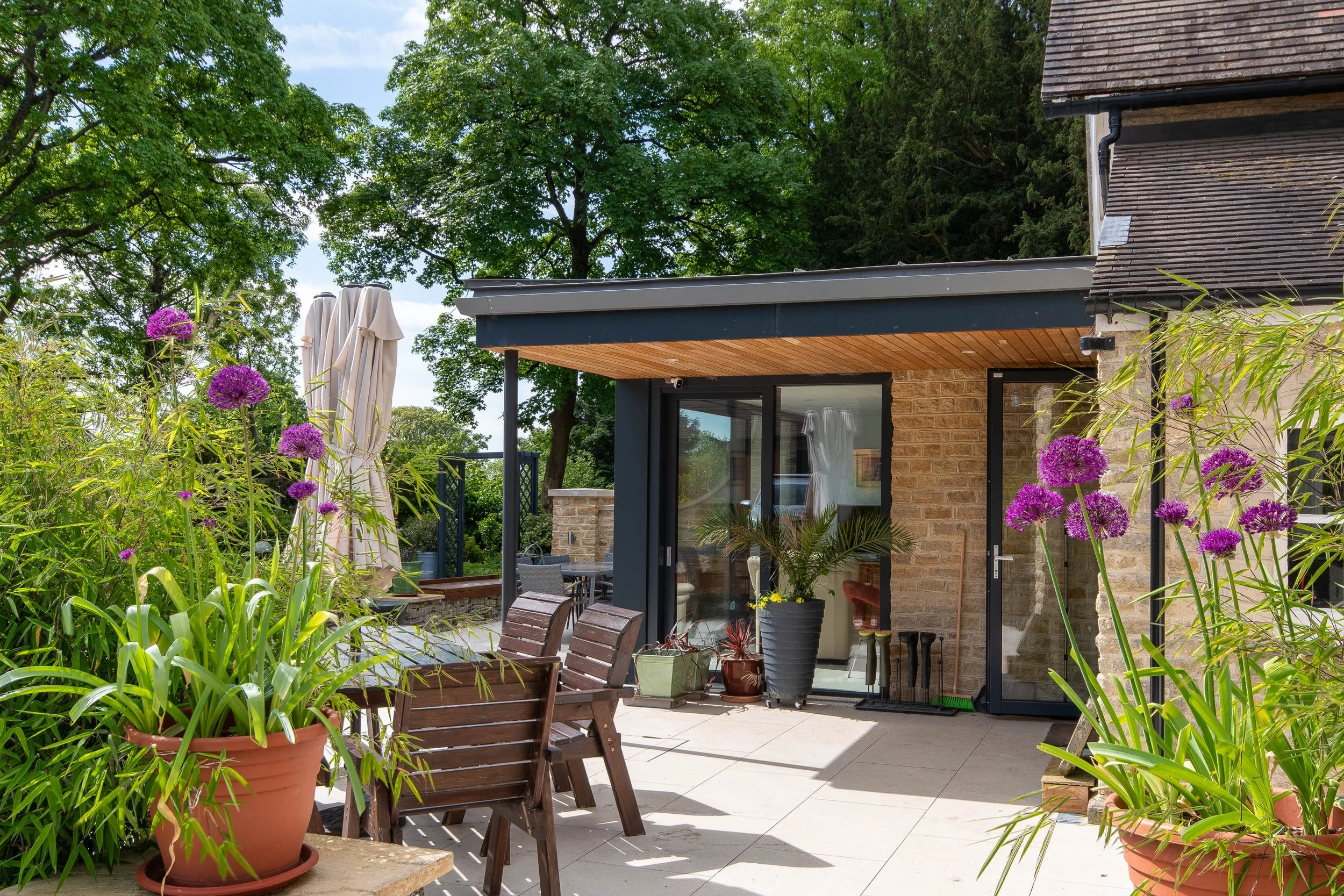 Sun-filled terrace view highlighting the warm timber soffit detailing beneath the modern extension roof.