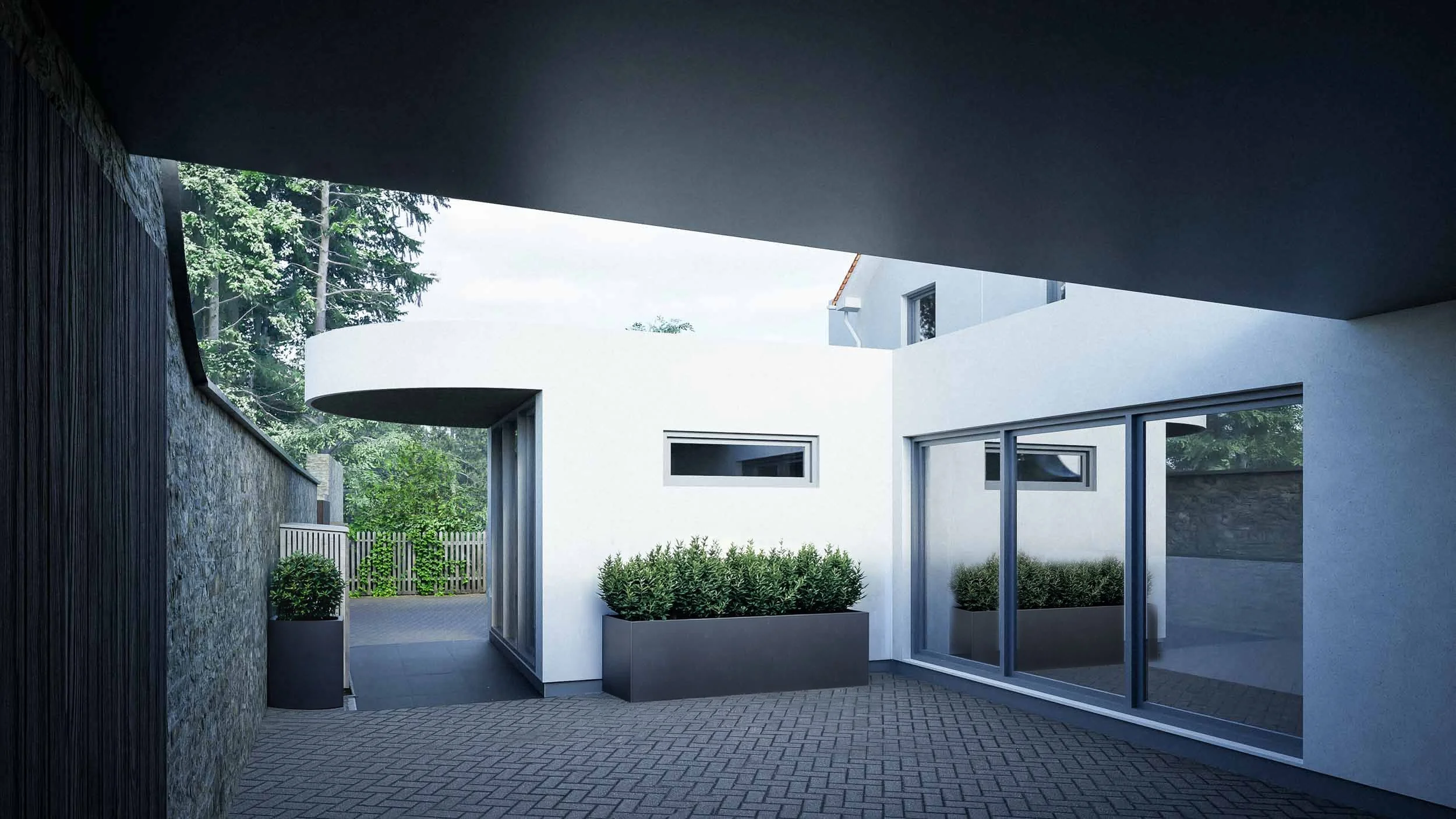 The new garage courtyard and minimalist boot room extension.