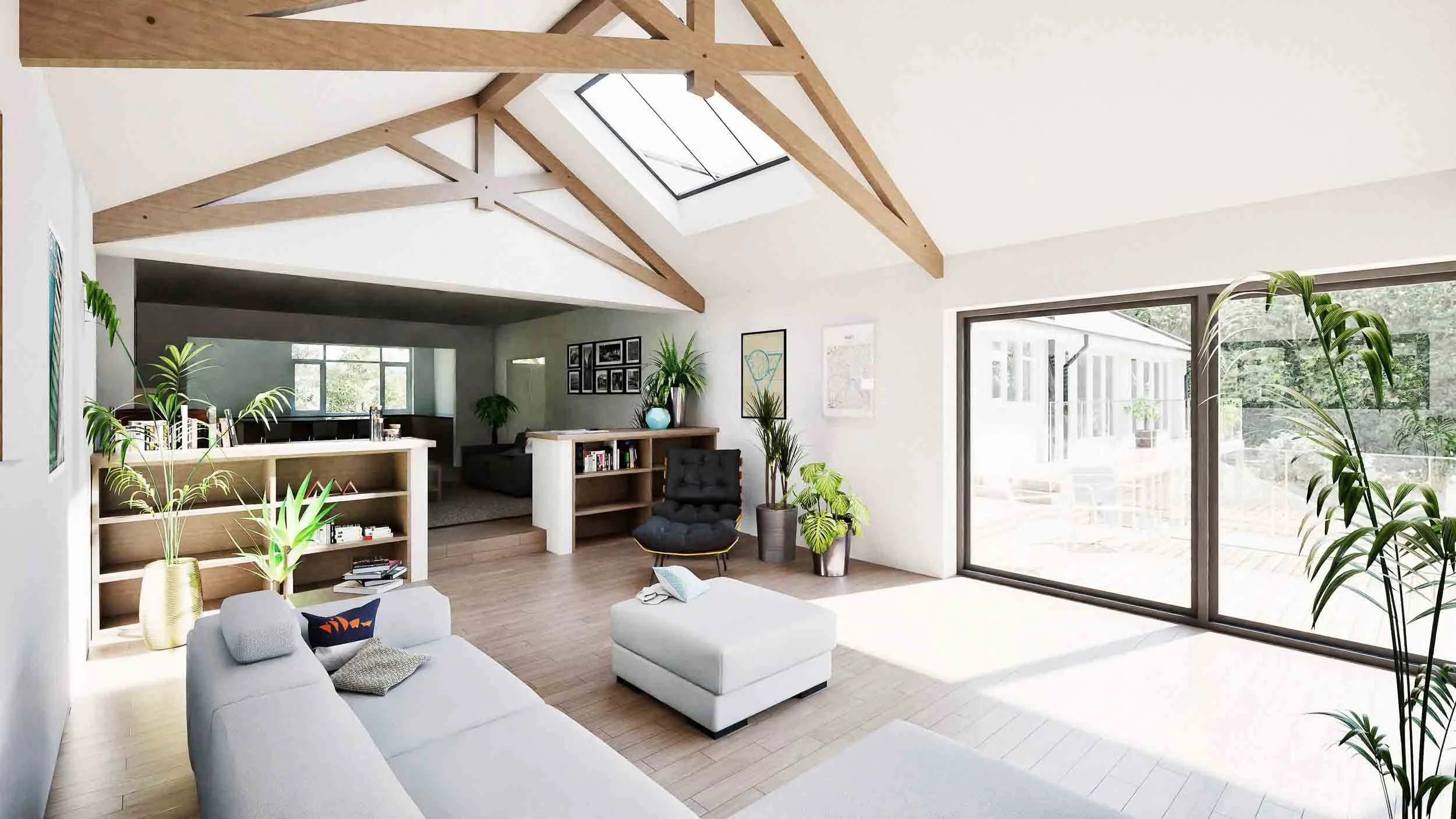 Light-filled living space framed by exposed oak scissor trusses and a large rooflight.
