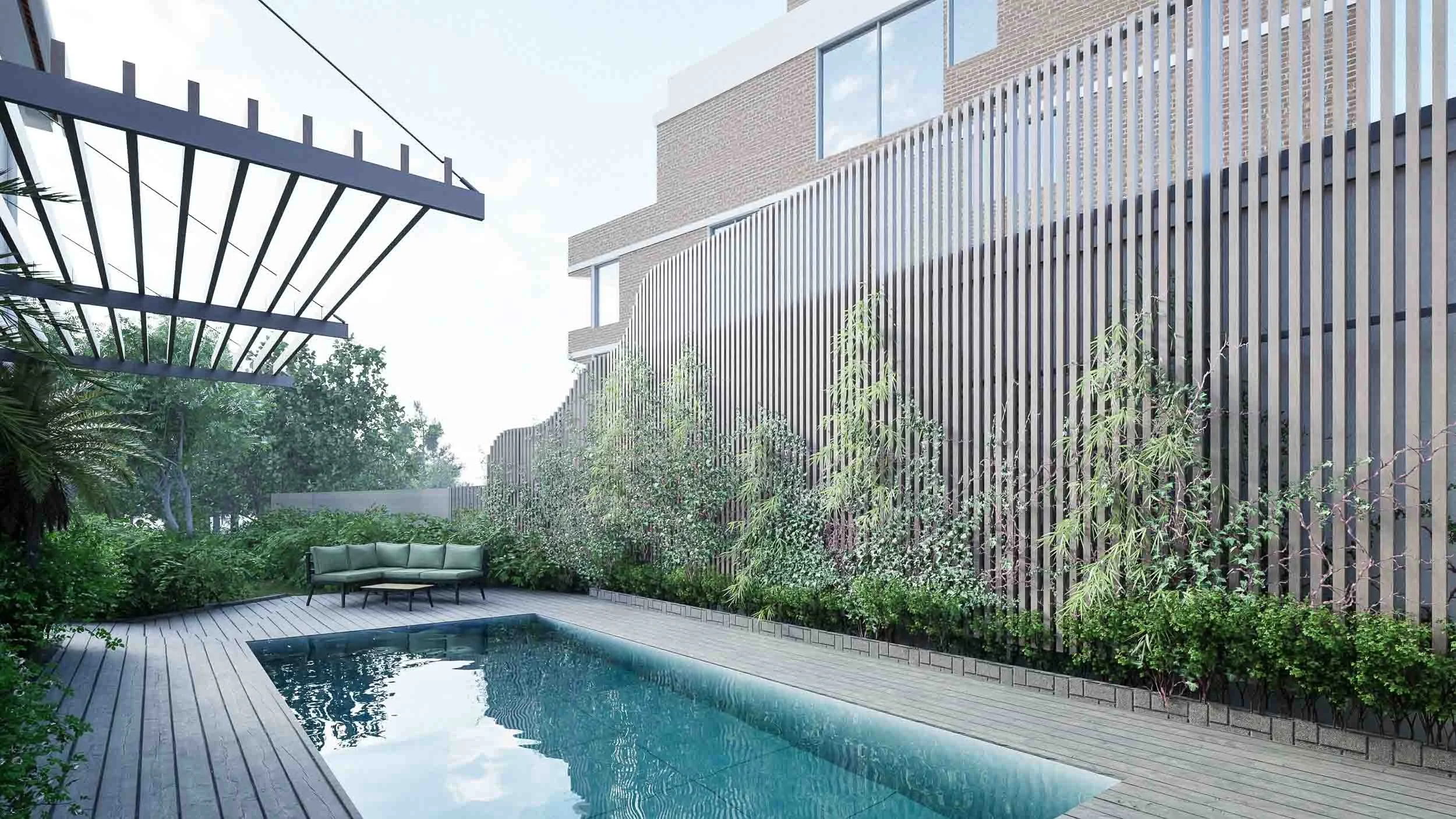 Architectural timber screening alongside the pool deck.