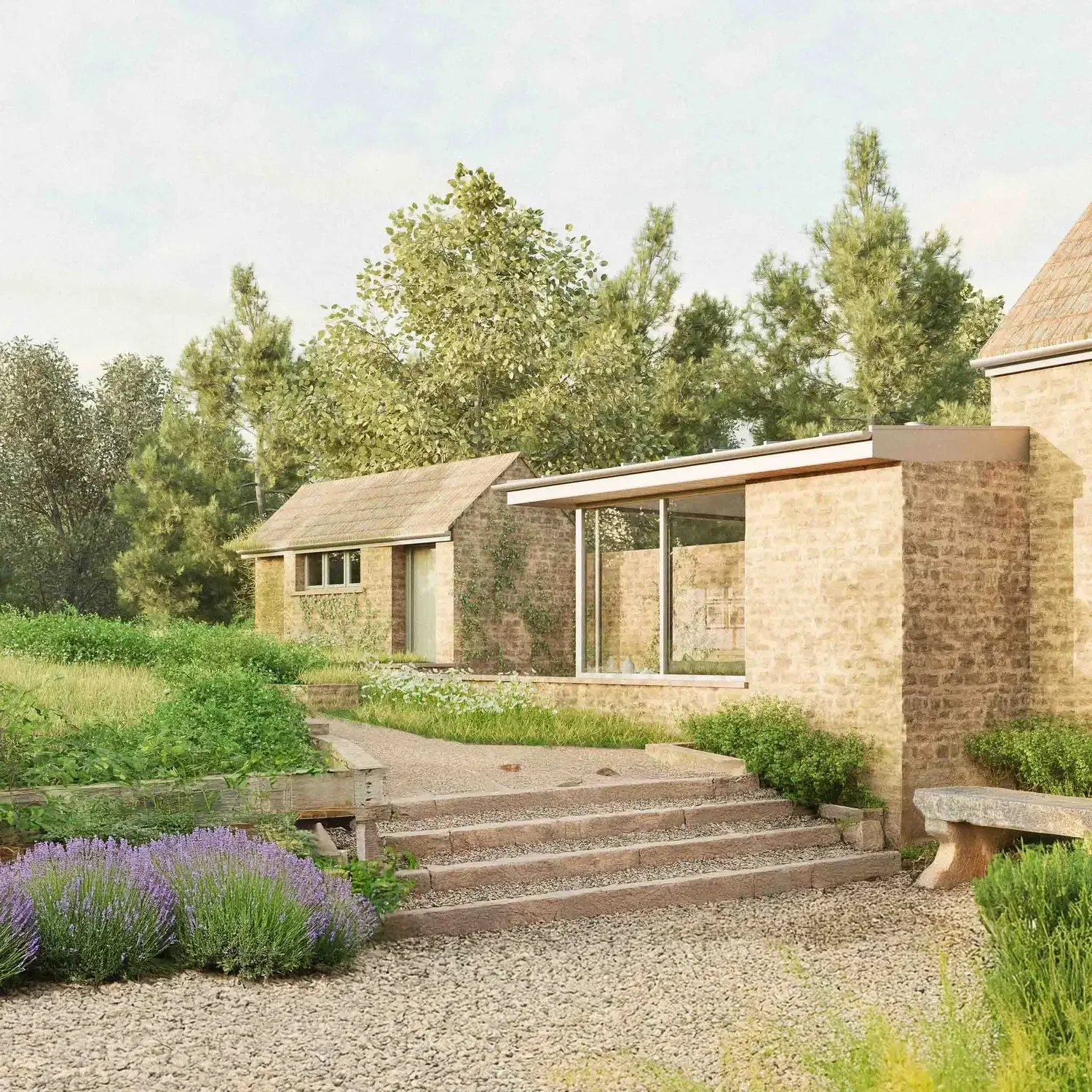 Modern stone garden room extension integrated into a split-level rural cottage landscape with outdoor stone steps in Chew Stoke.