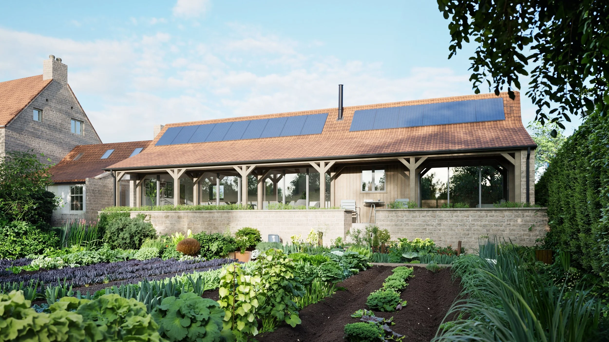 Rear elevation of a traditional stone barn annexe extension featuring an oak veranda with integrated solar PV panels and a vegetable garden.