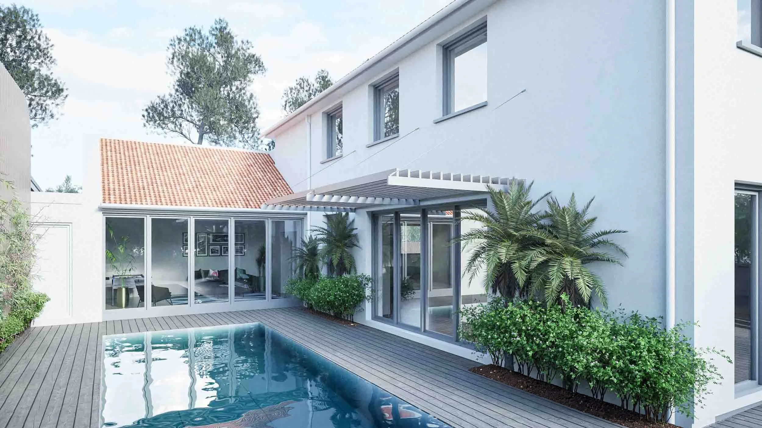 Seamless indoor-outdoor flow connecting the living spaces to the pool area, with new solar shading.