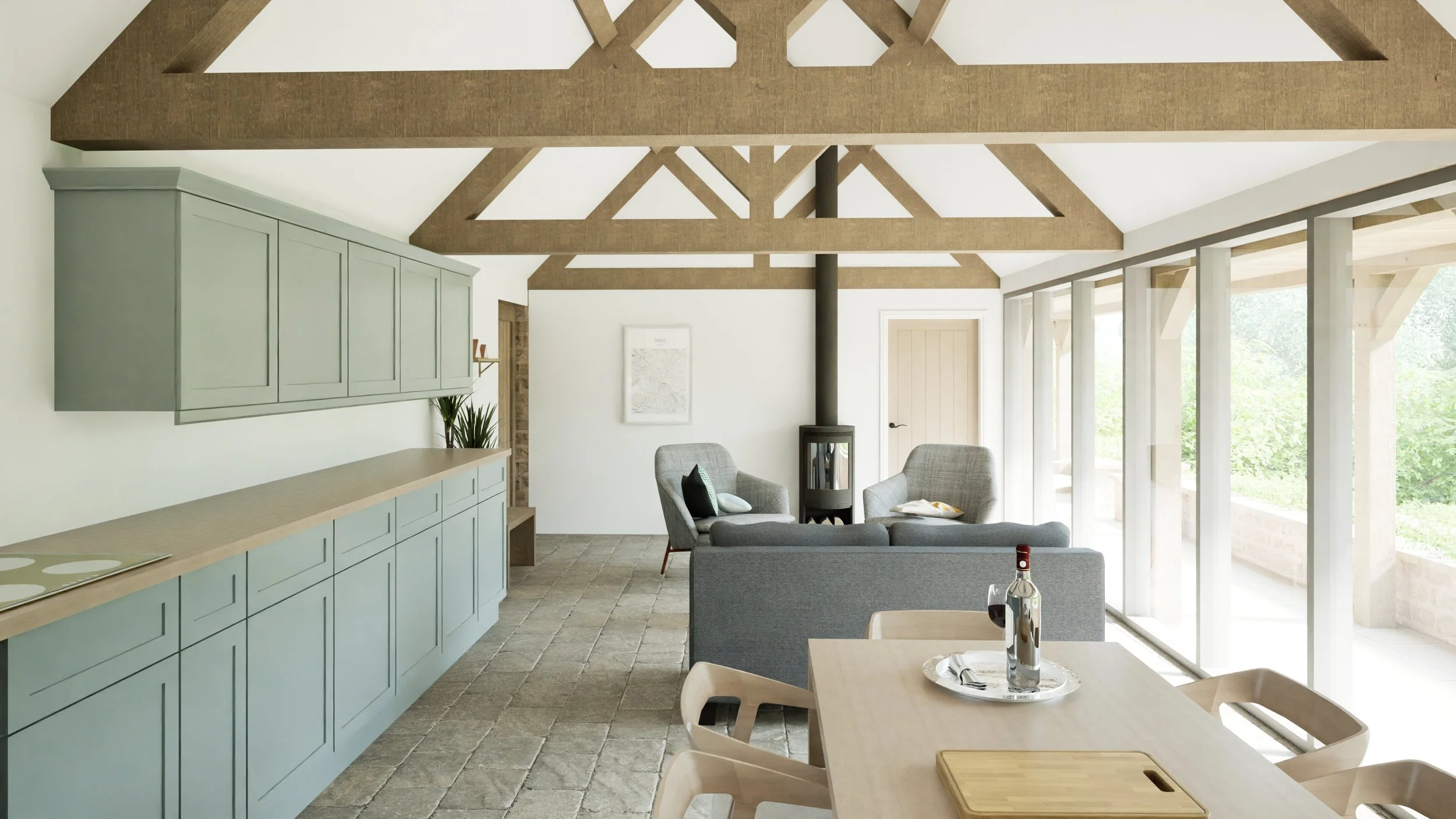 High vaulted ceilings and exposed structural timber trusses frame the open-plan lounge.