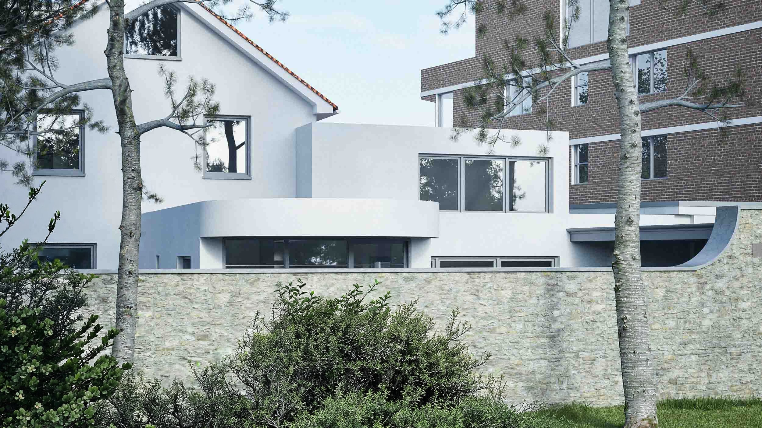 Crisp geometric massing rising behind the historic stone boundary wall.