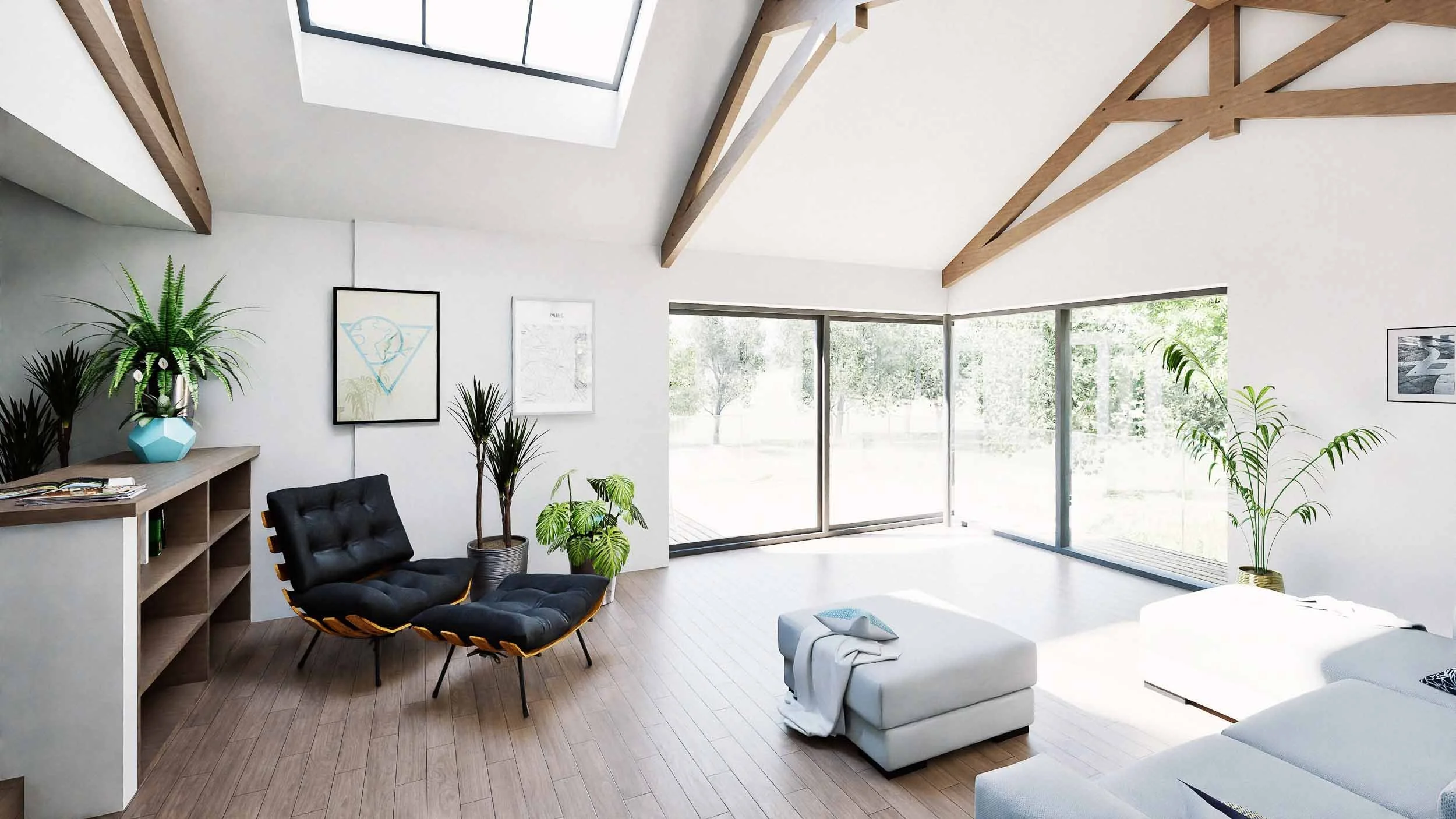 The structural corner window frames panoramic views toward the Mendip Hills.