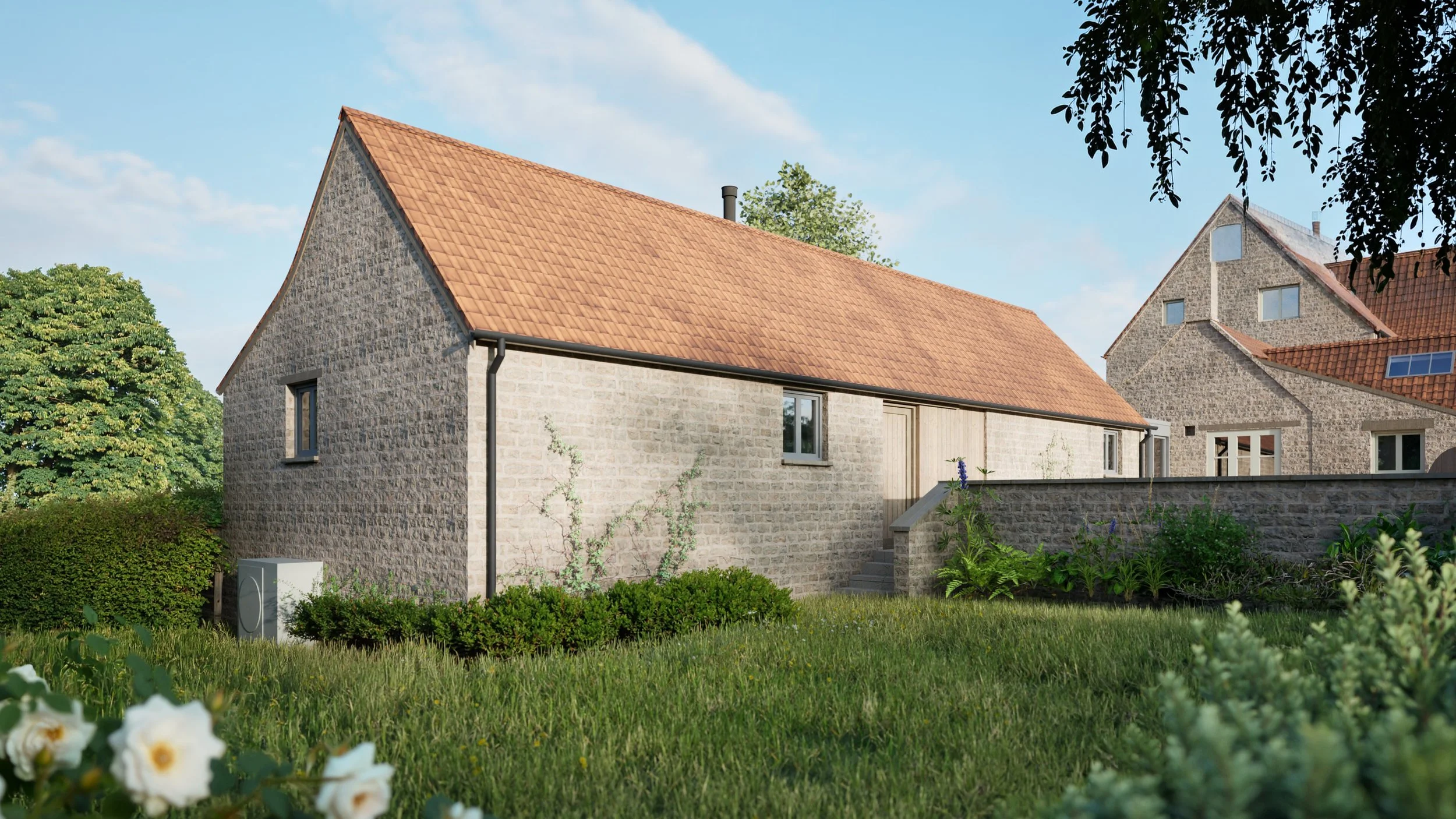 Traditional stone masonry and clay tiles match the rural Somerset vernacular.