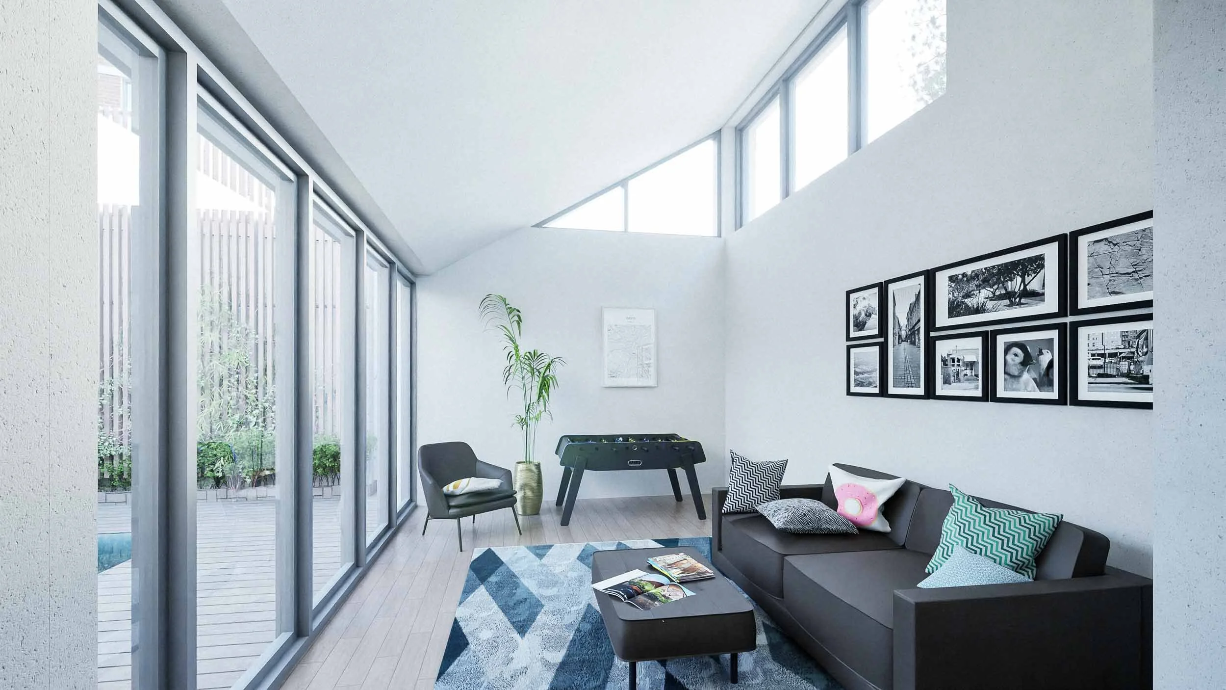 Light-filled snug interior with elevated clerestory glazing.