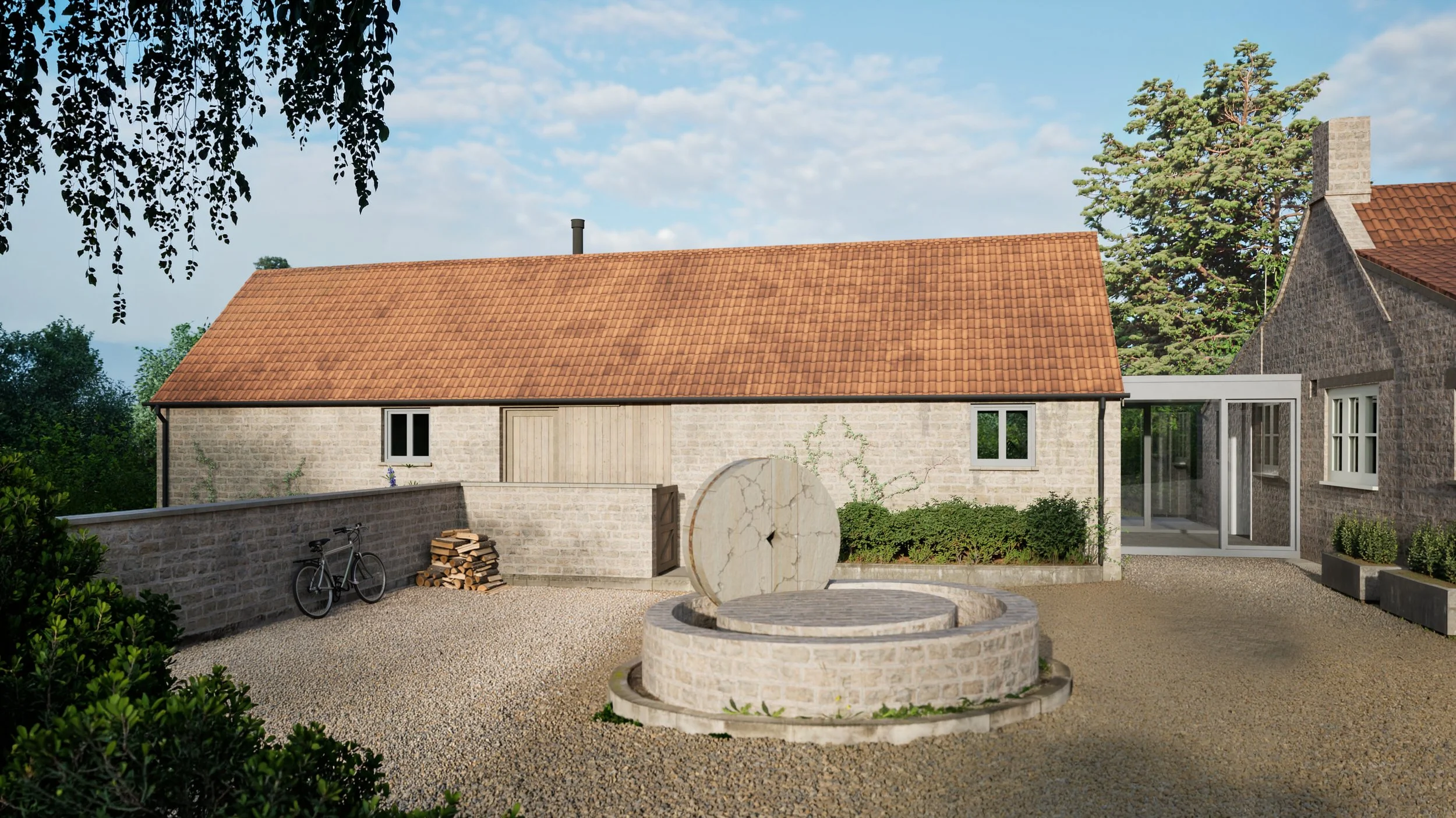 A structural glass link provides a sensitive connection between the original home and the new stone annexe.