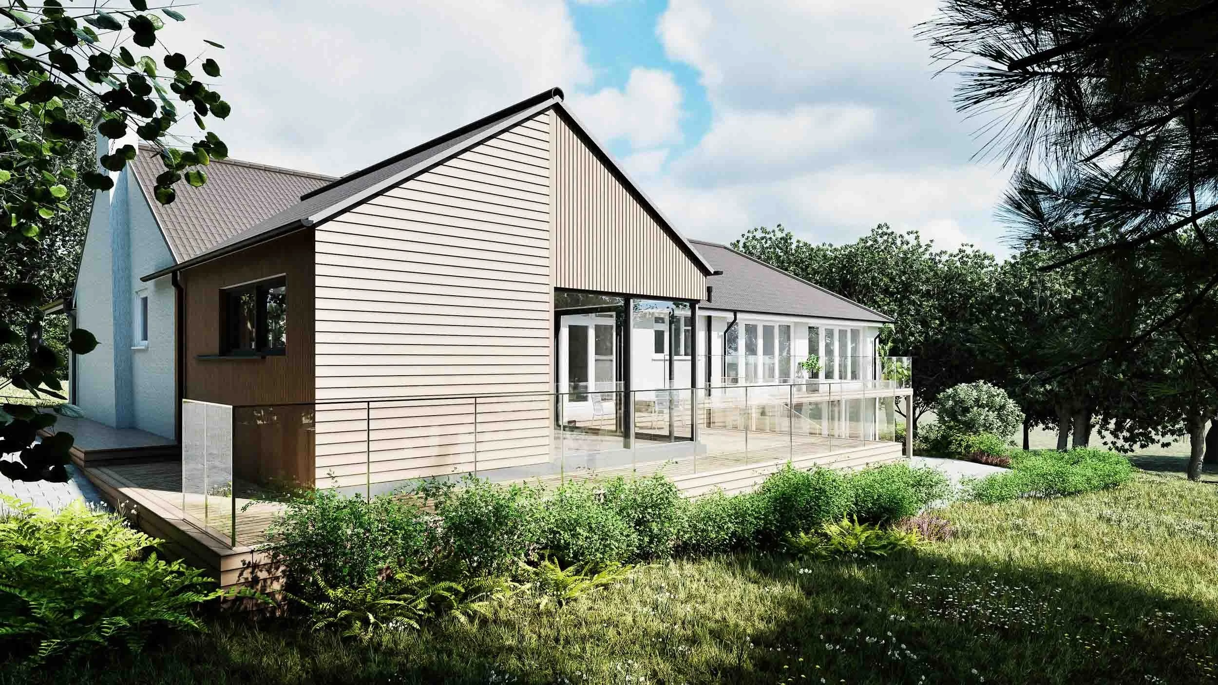 Crisp timber cladding details and a large architectural corner window.